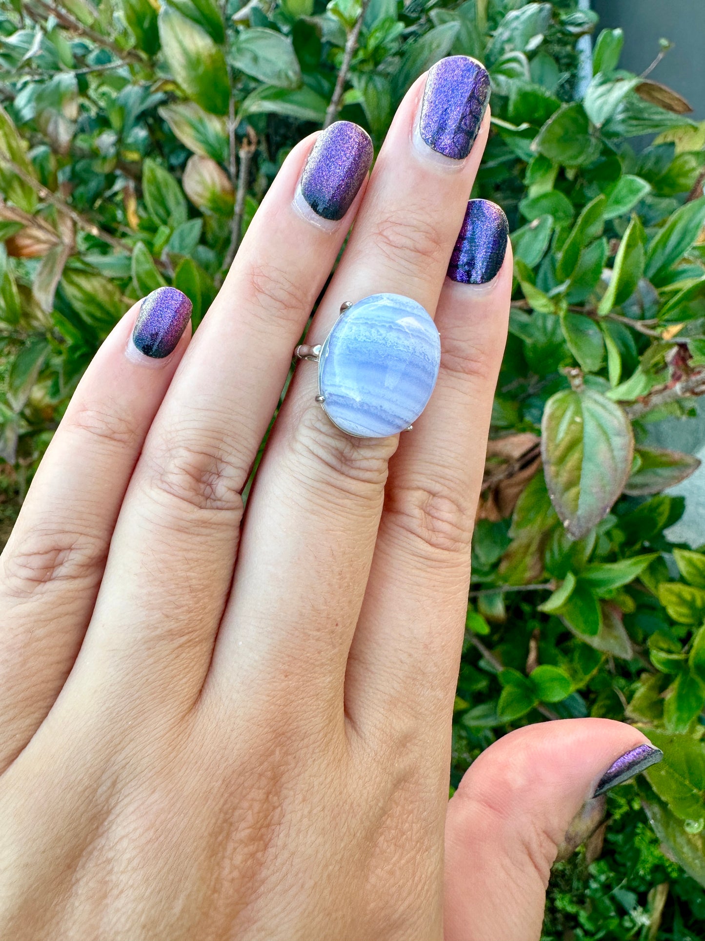 Blue Lace Agate Sterling Silver Adjustable Ring, Gemstone Statement Ring, Calming Blue Crystal Jewelry, Unique Gift for Her