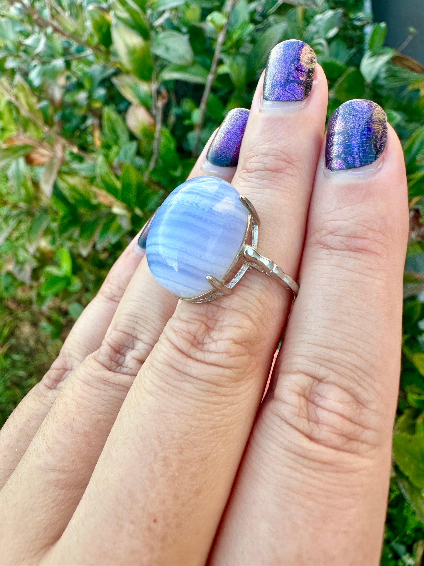 Blue Lace Agate Sterling Silver Adjustable Ring, Gemstone Statement Ring, Calming Blue Crystal Jewelry, Unique Gift for Her