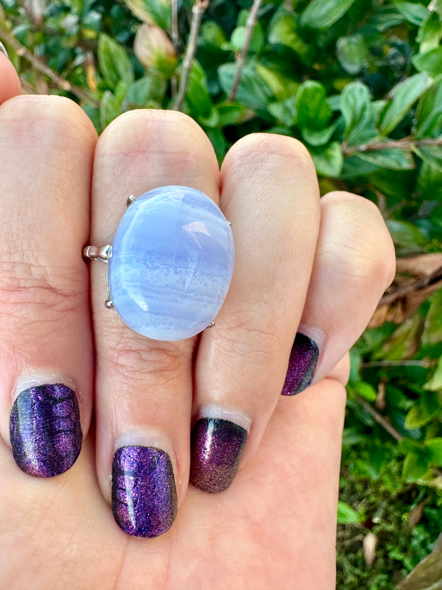 Blue Lace Agate Sterling Silver Adjustable Ring, Gemstone Statement Ring, Calming Blue Crystal Jewelry, Unique Gift for Her