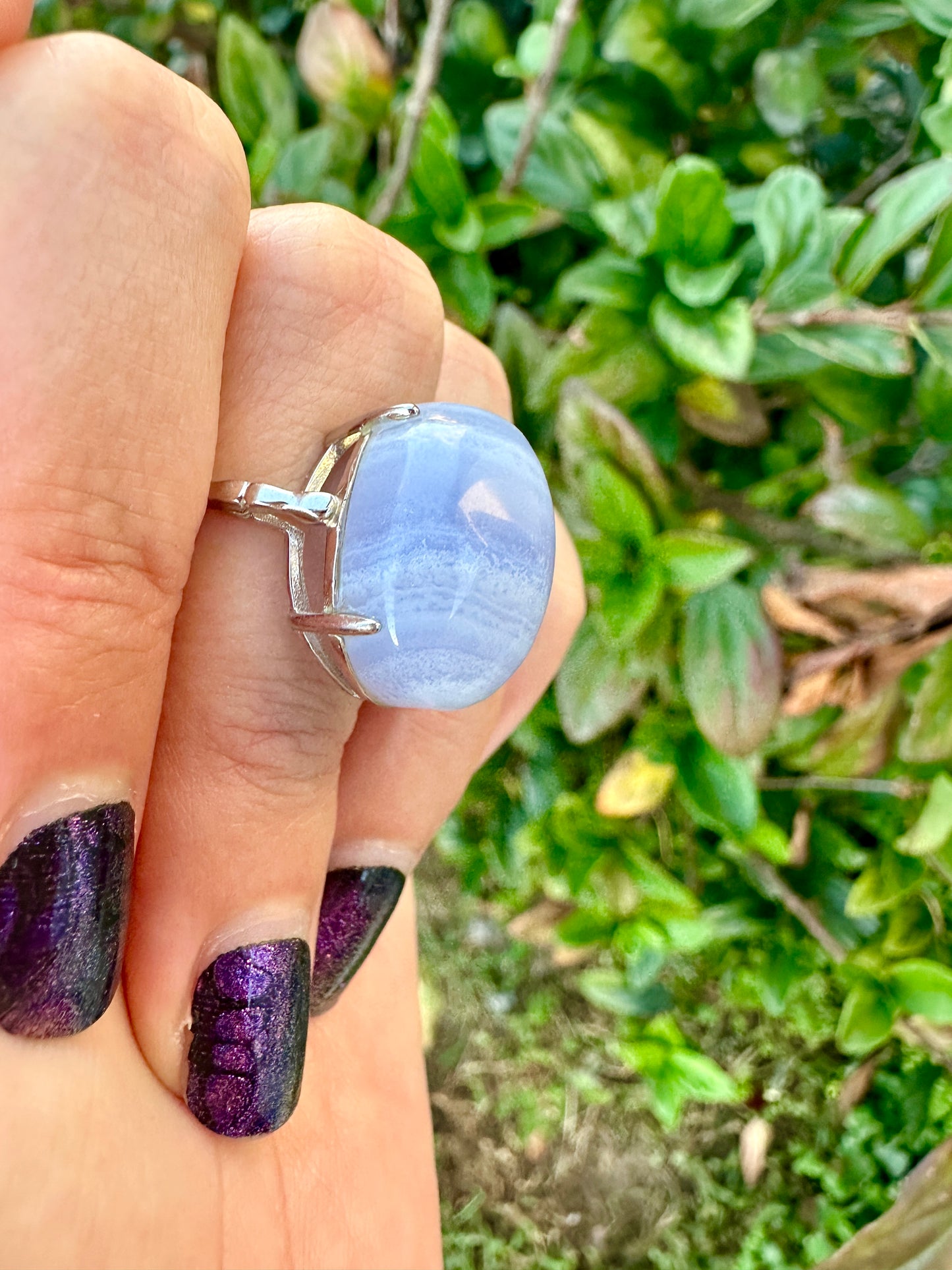 Blue Lace Agate Sterling Silver Adjustable Ring, Gemstone Statement Ring, Calming Blue Crystal Jewelry, Unique Gift for Her