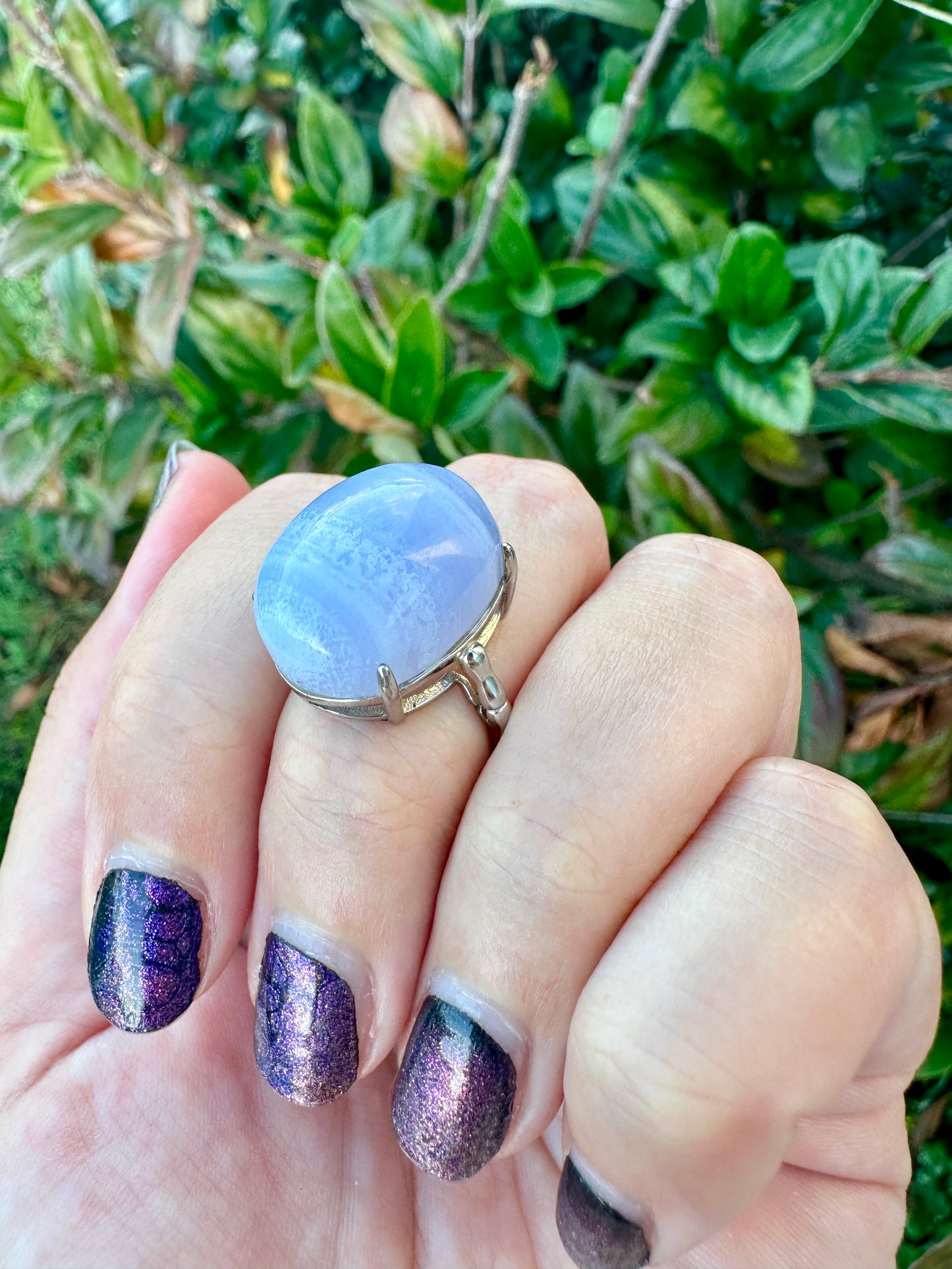 Blue Lace Agate Sterling Silver Adjustable Ring, Gemstone Statement Ring, Calming Blue Crystal Jewelry, Unique Gift for Her