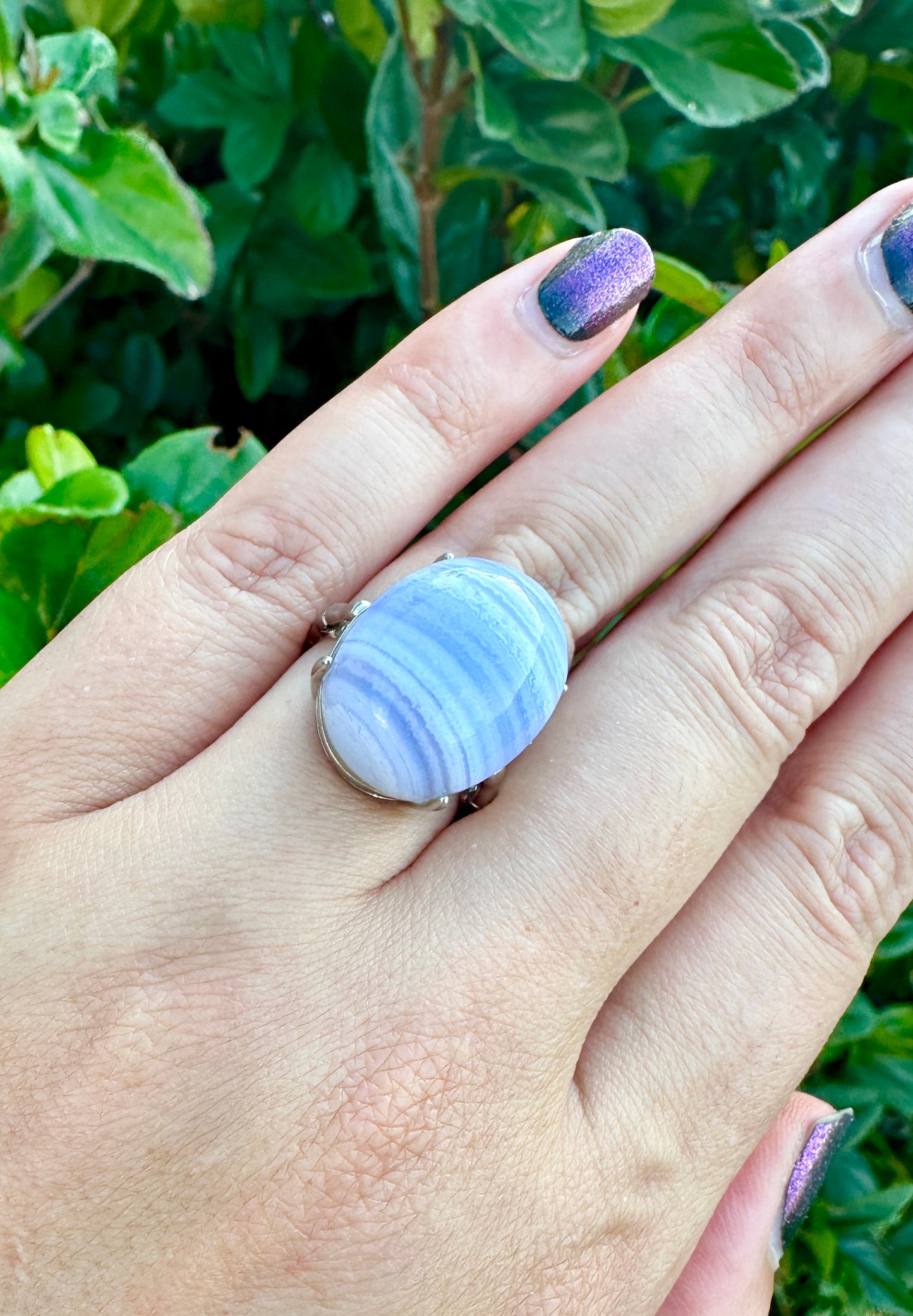 Blue Lace Agate Sterling Silver Adjustable Ring, Gemstone Statement Ring, Calming Blue Crystal Jewelry, Unique Gift for Her