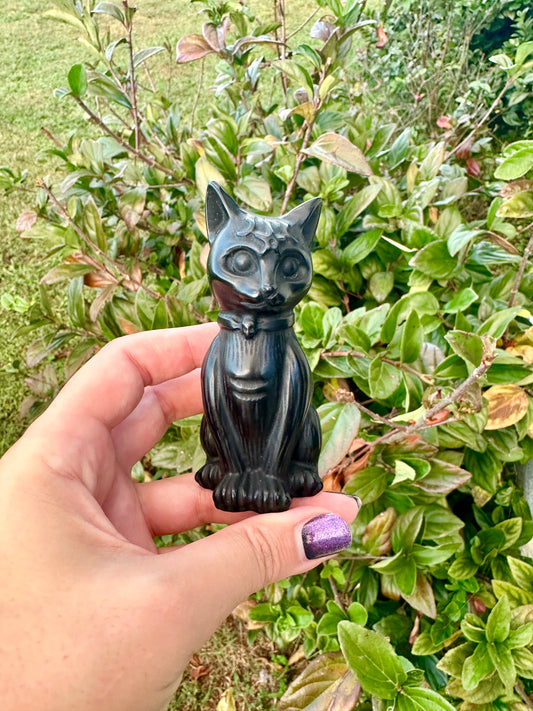 Black Obsidian Cat Carving, Healing Crystal Cat Figurine, Protective Obsidian Animal Statue, Unique Gift for Cat Lovers and Crystal Collectors