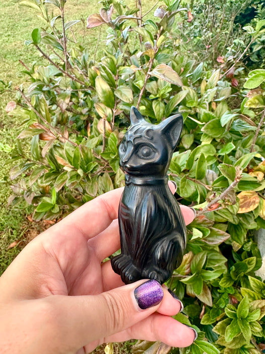 Black Obsidian Cat Carving, Healing Crystal Cat Figurine, Protective Obsidian Animal Statue, Unique Gift for Cat Lovers and Crystal Collectors