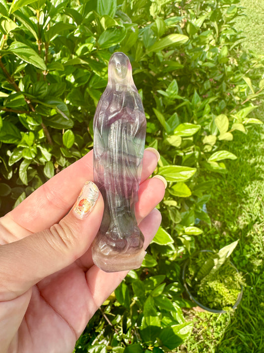 Virgen Mary Fluorite Carving - Handcrafted Spiritual Decor, Elegant Fluorite Statue of Virgin Mary, Religious Art Piece for Home & Altar