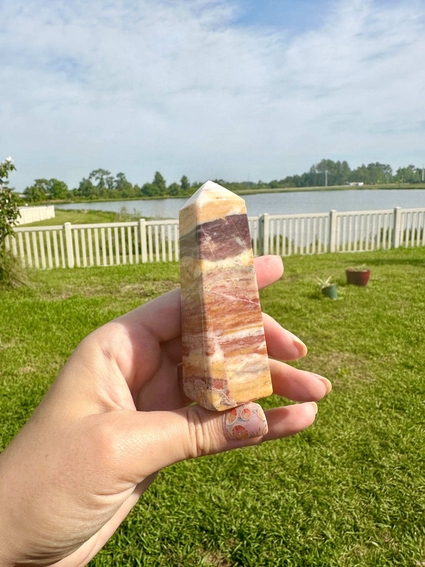 Banded Calcite Tower - Striking Natural Stone Obelisk, Elegant Decorative Calcite Piece for Home & Office, Unique Energy Enhancing Tower