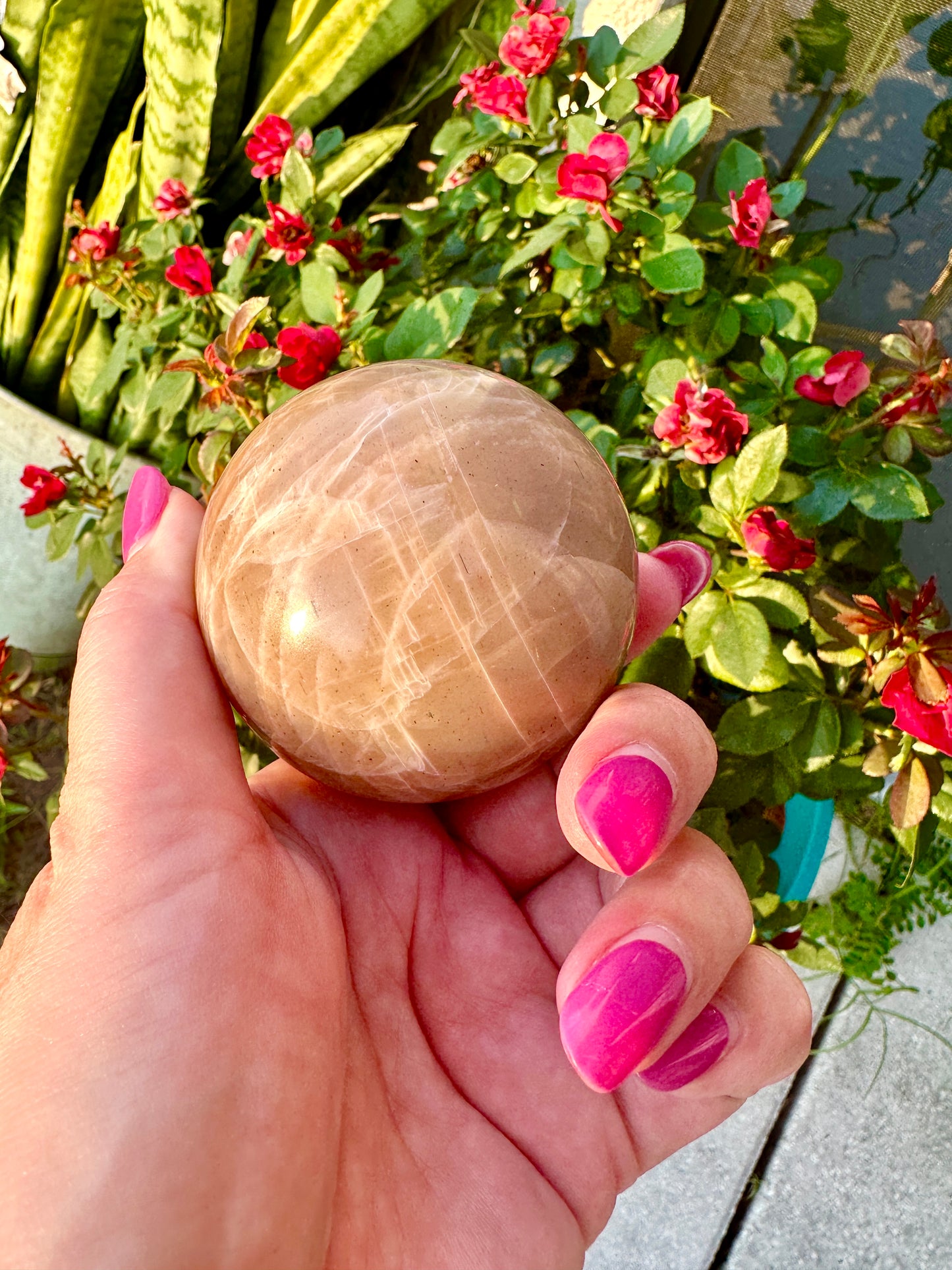 Peach moonstone sphere, 62mm, fertility, balancing, femininy