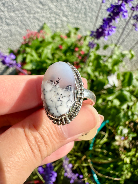 Dendritic Opal Ring, Size 9 - Elegant Sterling Silver Band, Unique Black and White Gemstone, Perfect Gift for Her, Artisan Jewelry