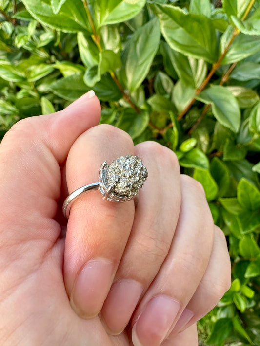 Pyrite Adjustable Ring in Silver Plated Brass - Natural Stone Jewelry with Clear Tarnish Resistant Coating, Elegant Artisan Crafted Accessory