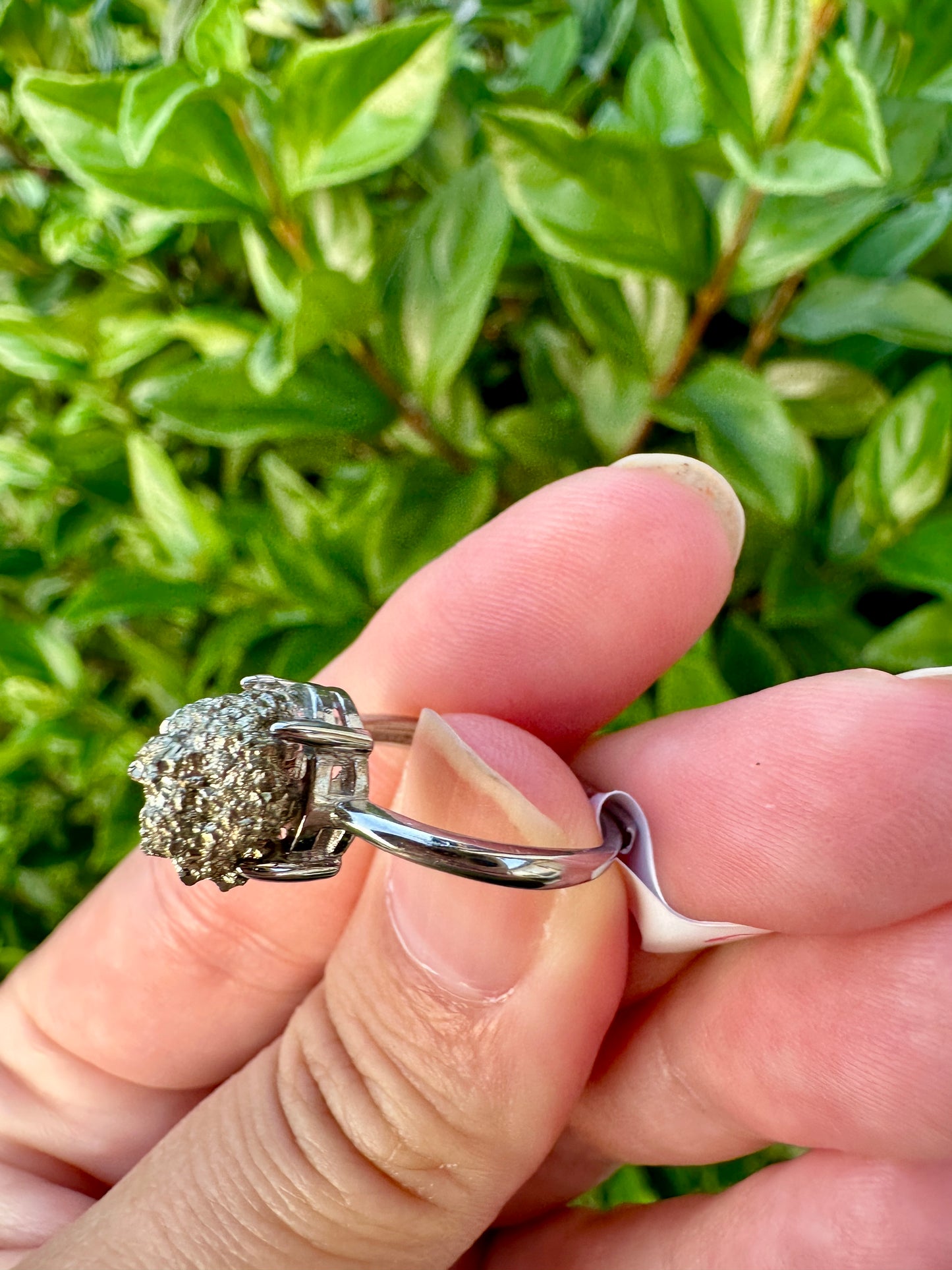 Pyrite Adjustable Ring in Silver Plated Brass - Natural Stone Jewelry with Clear Tarnish Resistant Coating, Elegant Artisan Crafted Accessory