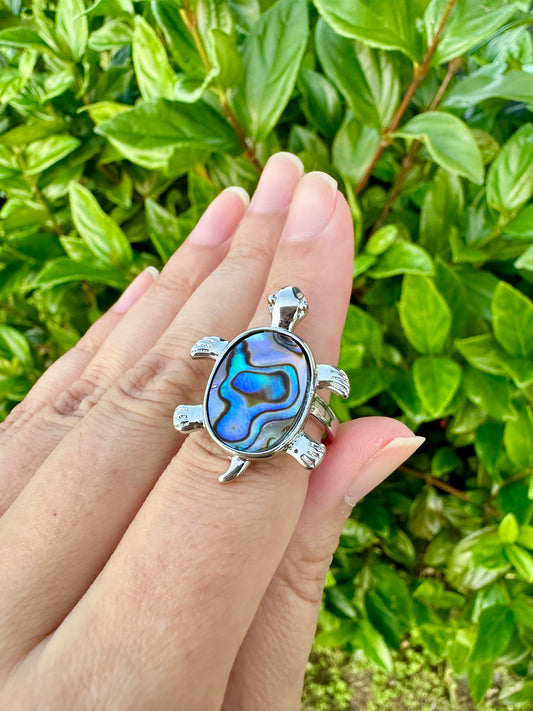 Colorful Abalone Shell Turtle Ring - Adjustable Natural Stone , Unique Artisan Crafted Jewelry