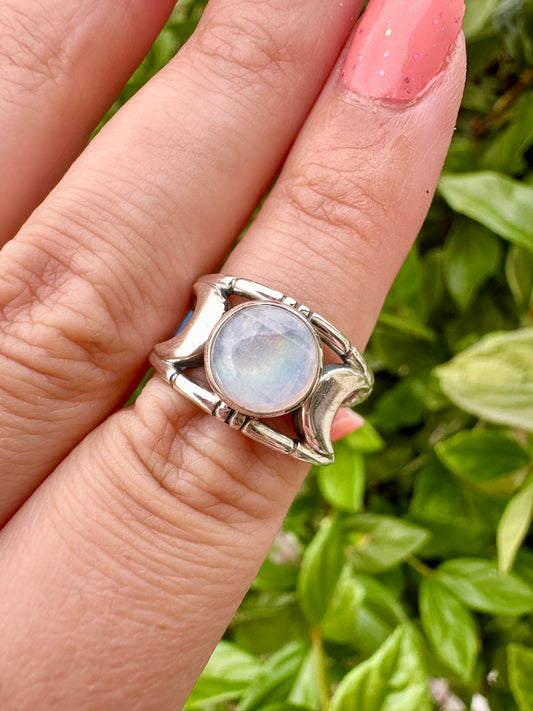 Triple Moon Ring Size 7.25 - Rainbow Moonstone, Silver Band, Goddess Symbol, Spiritual Jewelry , Enhances Intuition (Copy)