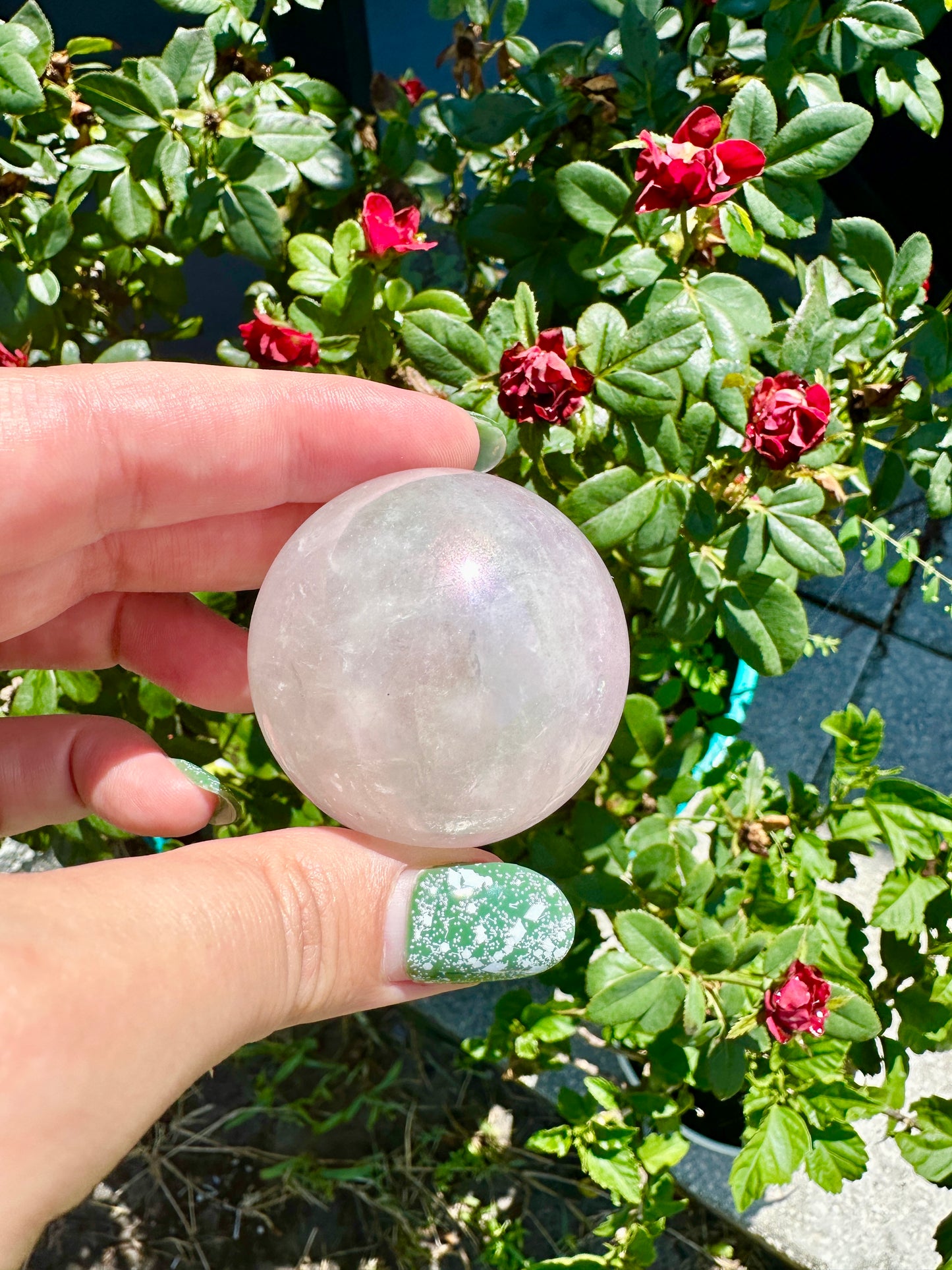Dazzling Aura Coated Rose Quartz Sphere 44.9mm - A Mesmerizing Blend of Love and Healing Energy for Home or Office Decor