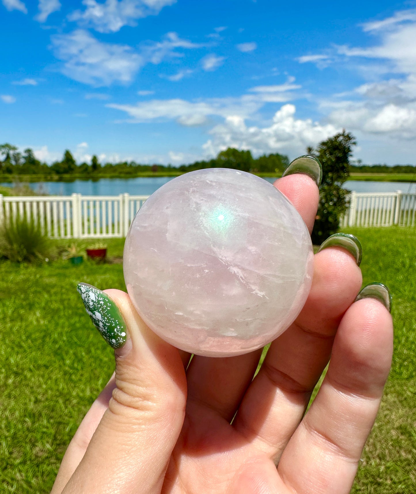 Dazzling Aura Coated Rose Quartz Sphere 44.9mm - A Mesmerizing Blend of Love and Healing Energy for Home or Office Decor