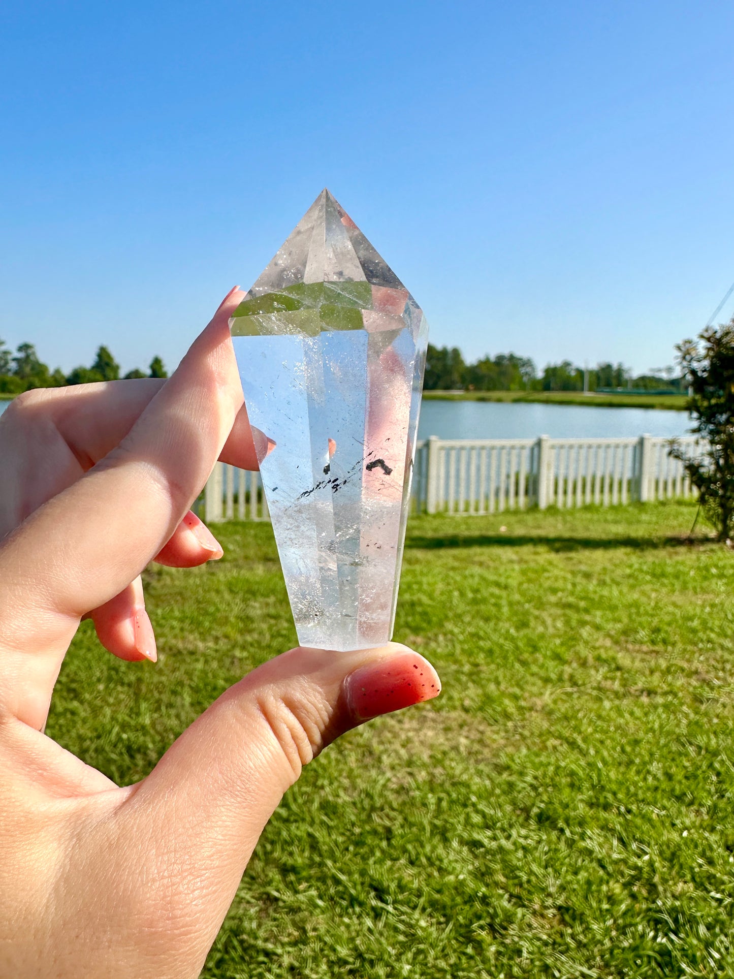 Clear Quartz Point with Black Tourmaline Inclusions