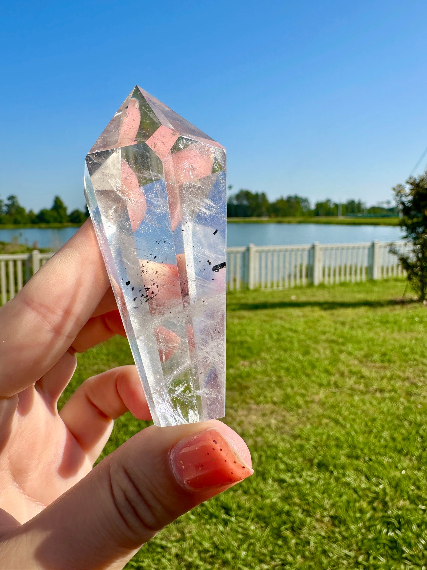 Clear Quartz Point with Black Tourmaline Inclusions