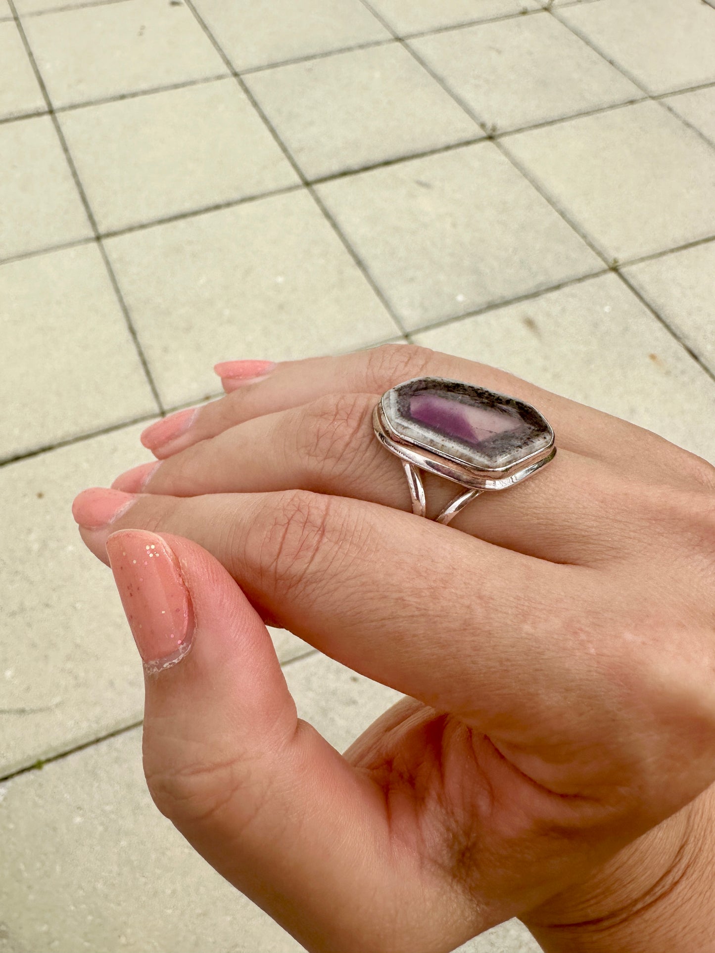 Cosmic Elegance: Atomic Trapiche Amethyst Size 11 Ring