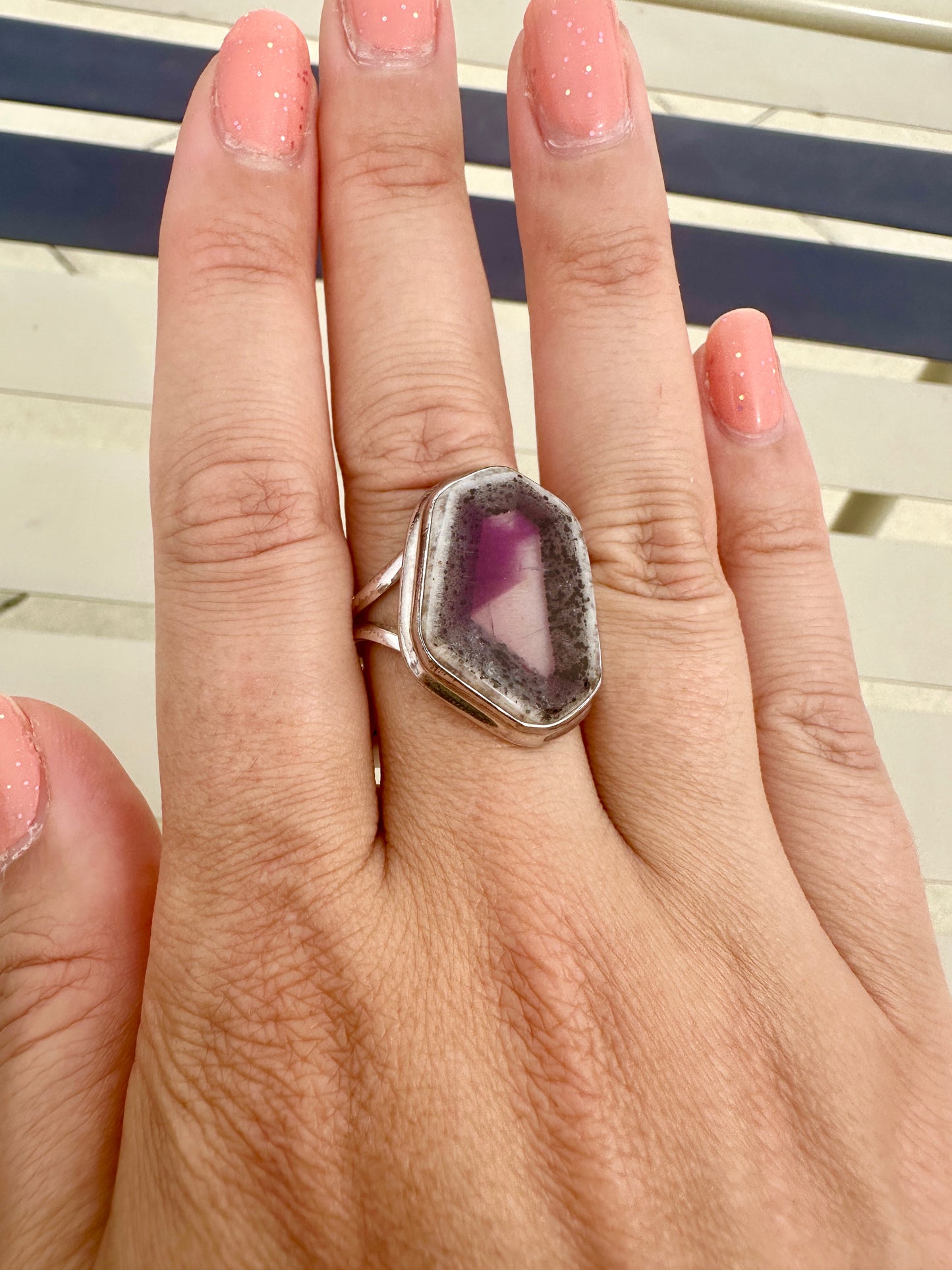 Cosmic Elegance: Atomic Trapiche Amethyst Size 11 Ring