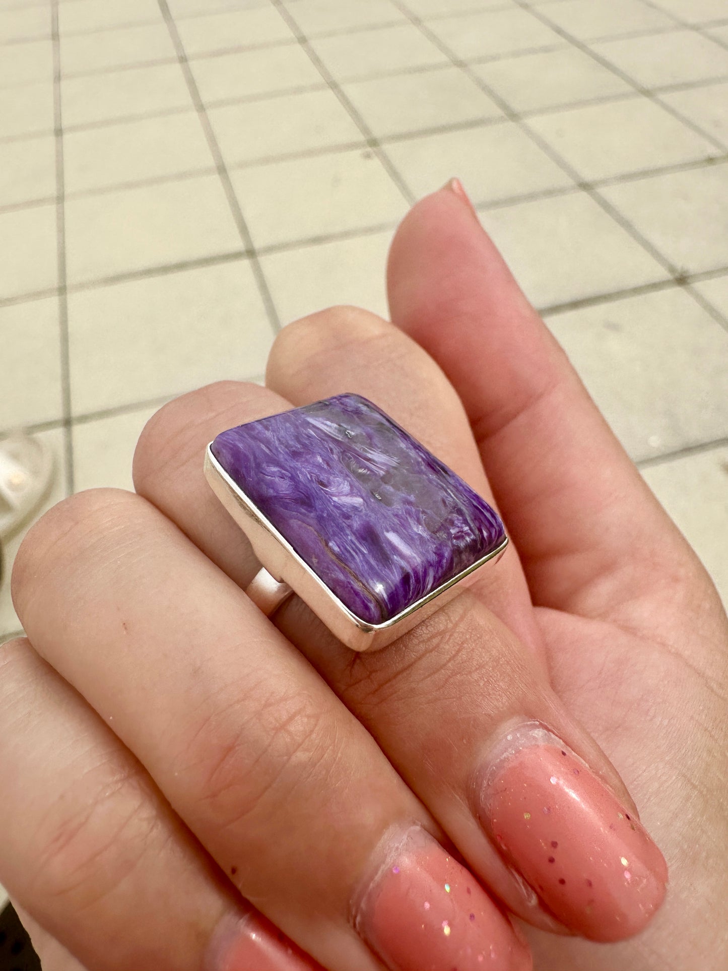 Charoite Sterling Silver Ring, Size 8.75, Exquisite Purple Gemstone, Elegant Handcrafted Jewelry, Perfect Gift for Special Occasions, Unique Artisan Design