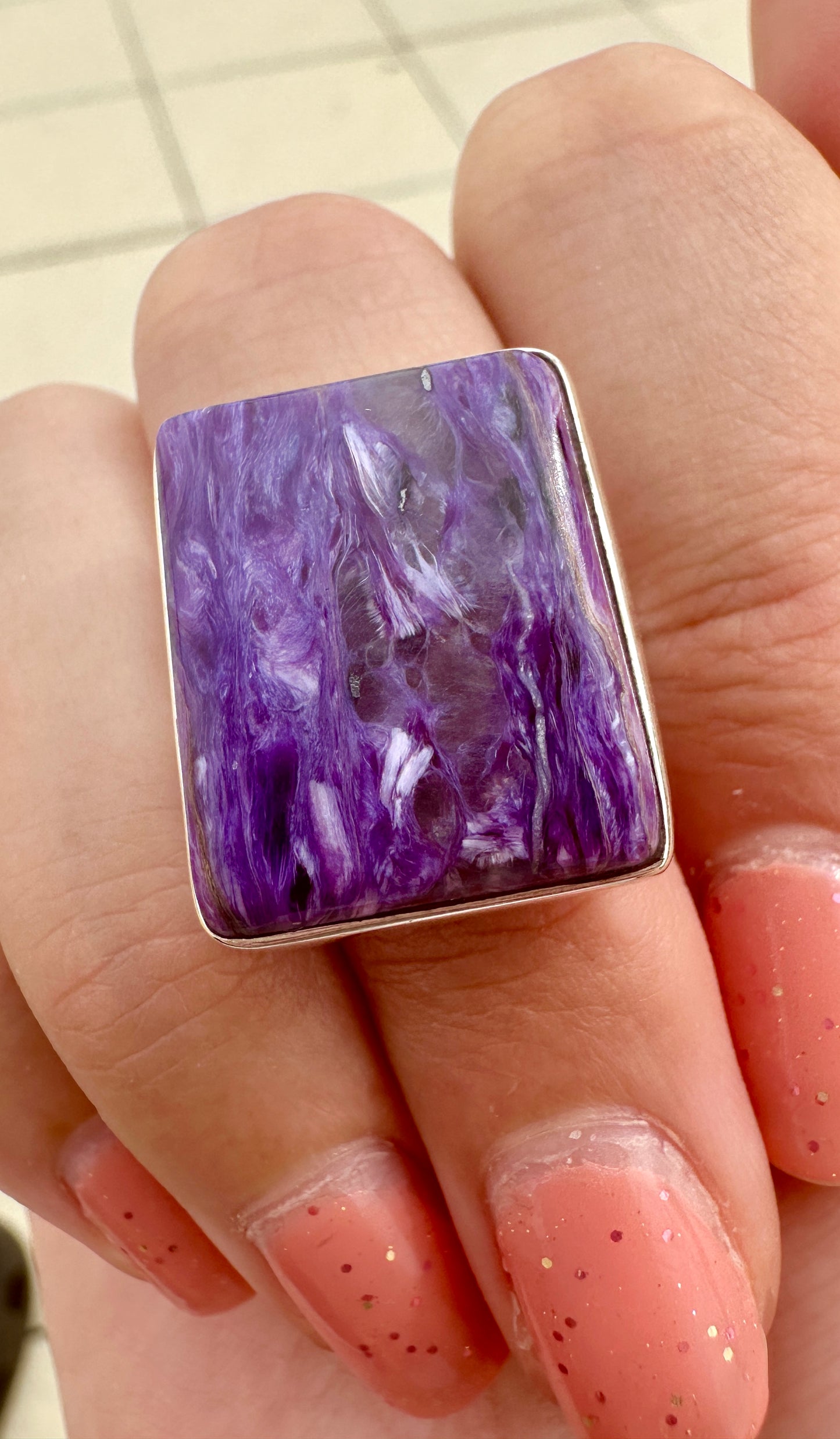 Charoite Sterling Silver Ring, Size 8.75, Exquisite Purple Gemstone, Elegant Handcrafted Jewelry, Perfect Gift for Special Occasions, Unique Artisan Design