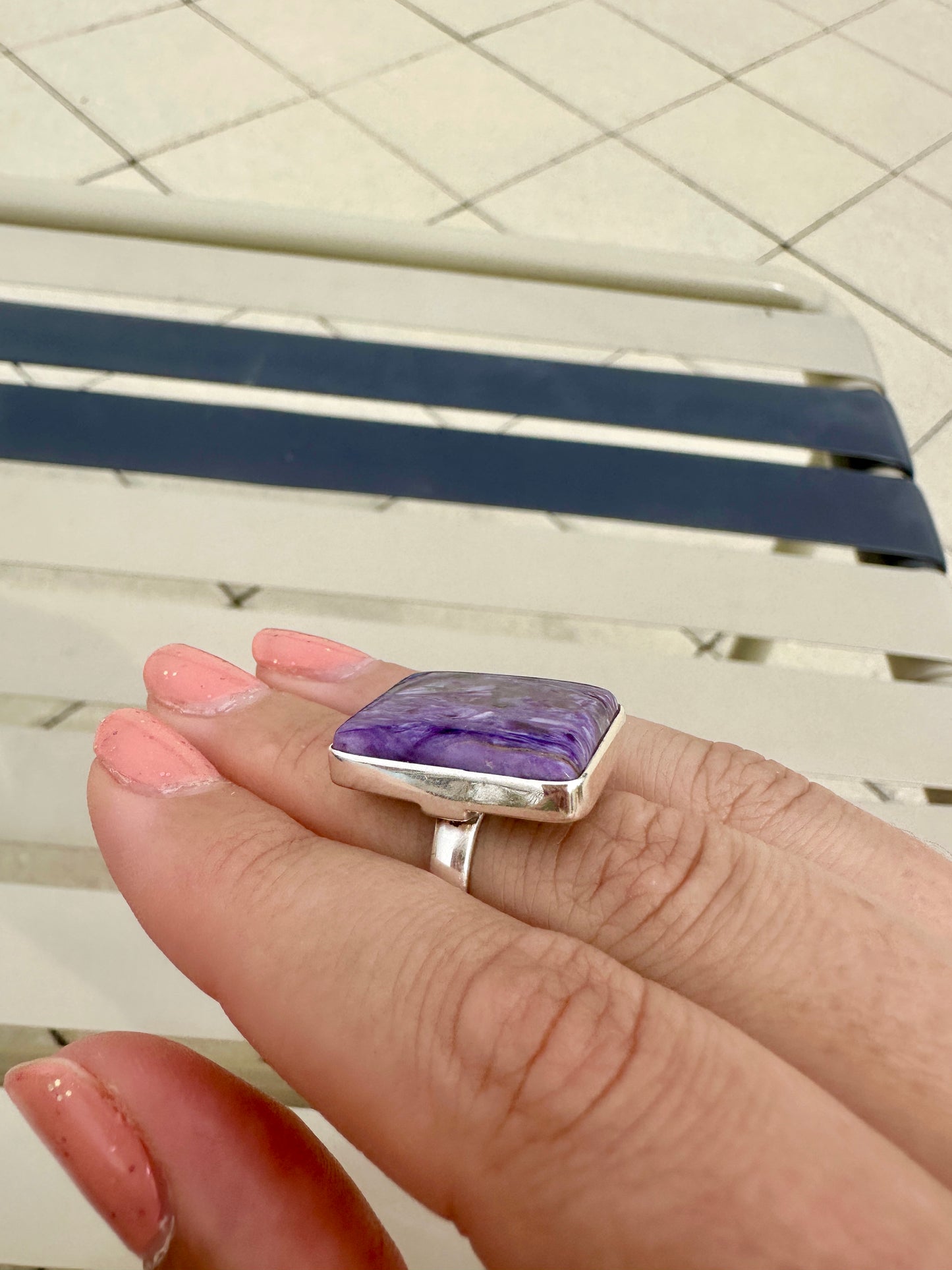Charoite Sterling Silver Ring, Size 8.75, Exquisite Purple Gemstone, Elegant Handcrafted Jewelry, Perfect Gift for Special Occasions, Unique Artisan Design