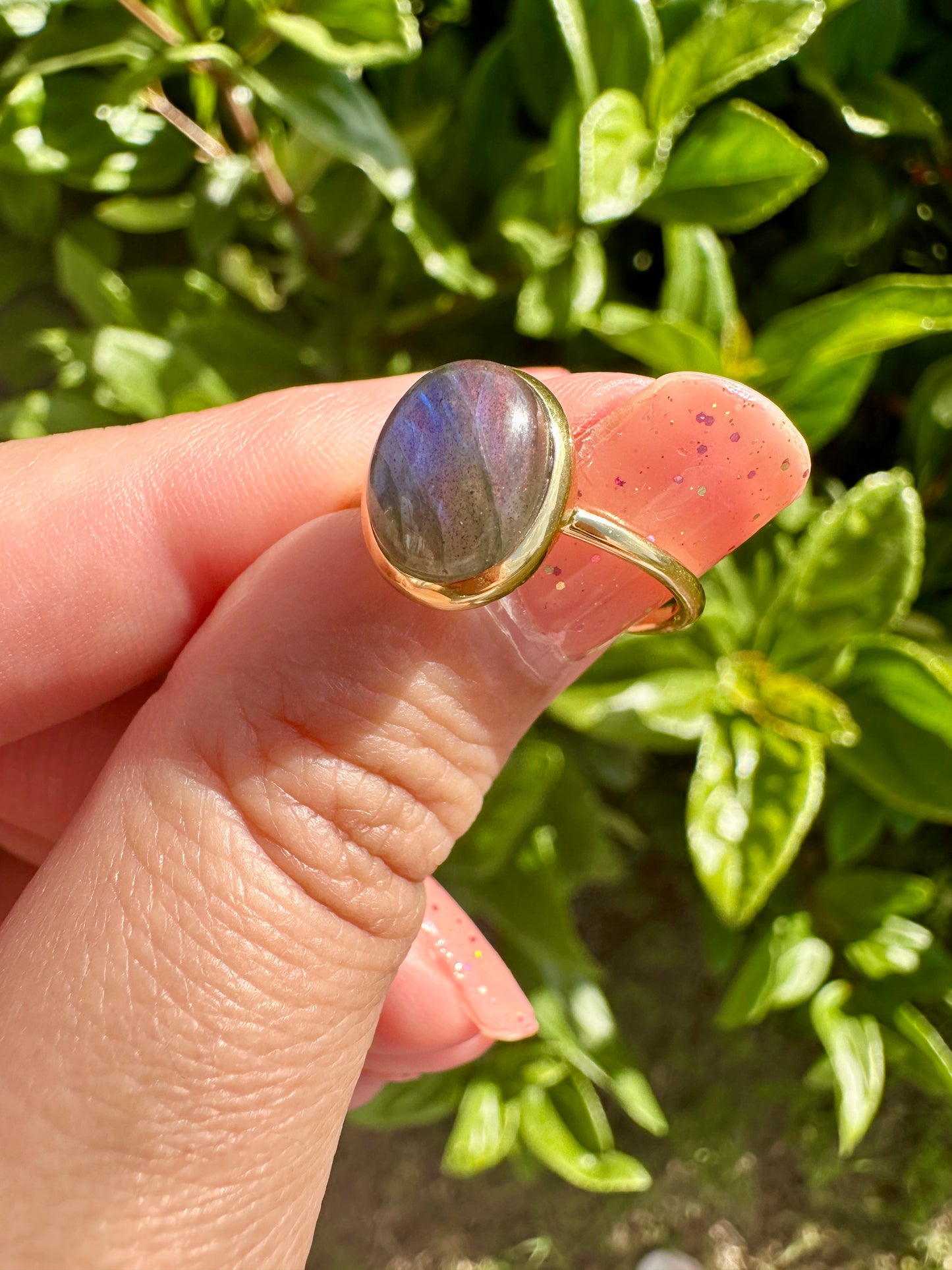 Elegant Labradorite Ring in 925 Silver with 18K Gold Vermeil, Size 8 - Striking Blue Flash, Handcrafted Gemstone Ring, Luxurious Gift