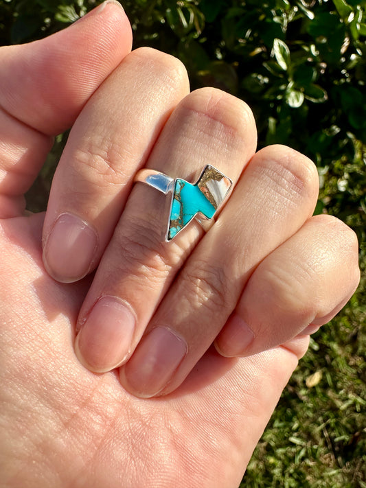 Spiny Oyster Turquoise Sterling Silver Lightning Bolt Ring, Unique Size 8 Statement Jewelry, Boho Southwestern Gift for Her