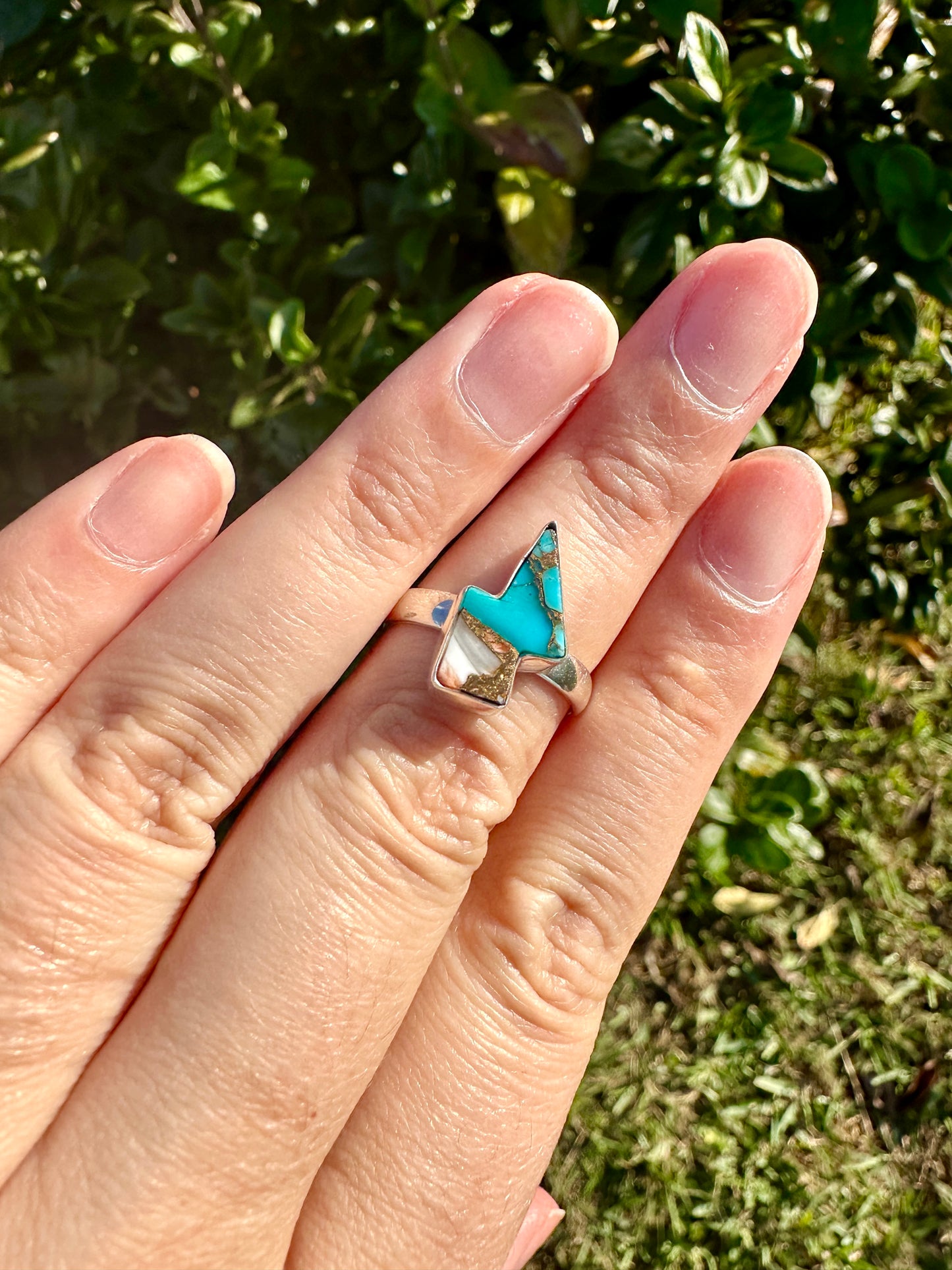 Spiny Oyster Turquoise Sterling Silver Lightning Bolt Ring, Unique Size 8 Statement Jewelry, Boho Southwestern Gift for Her