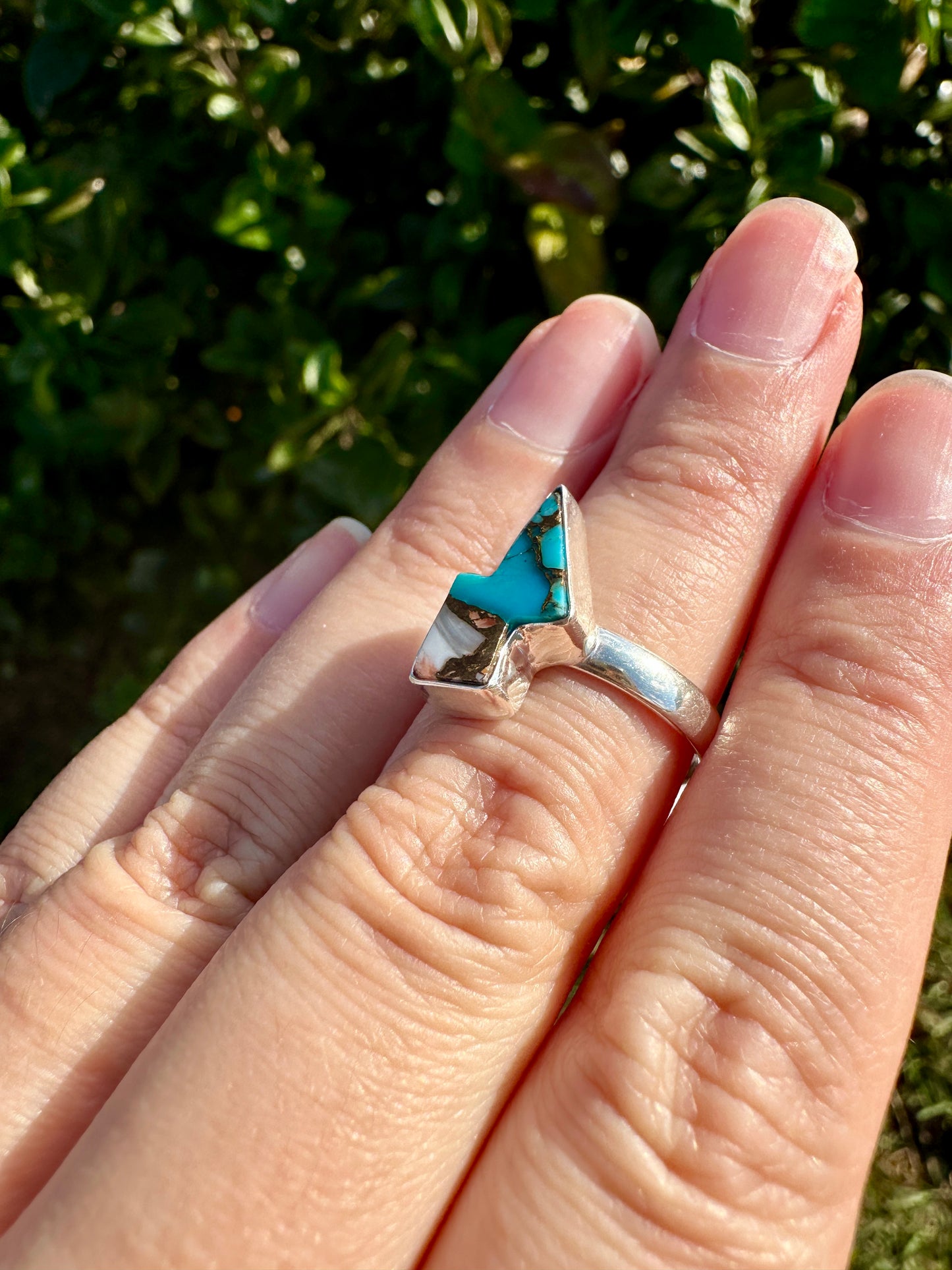 Spiny Oyster Turquoise Sterling Silver Lightning Bolt Ring, Unique Size 8 Statement Jewelry, Boho Southwestern Gift for Her