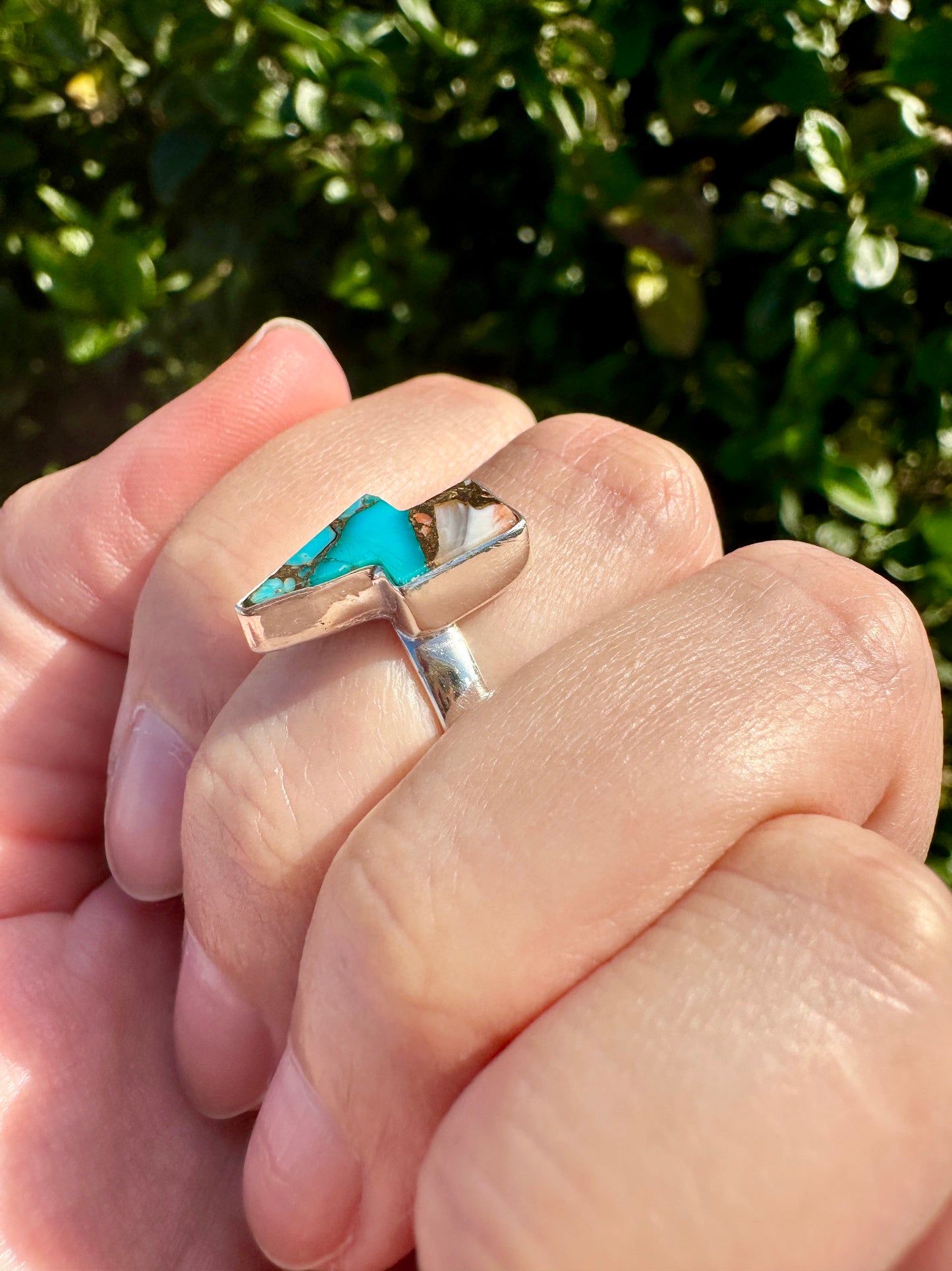 Spiny Oyster Turquoise Sterling Silver Lightning Bolt Ring, Unique Size 8 Statement Jewelry, Boho Southwestern Gift for Her