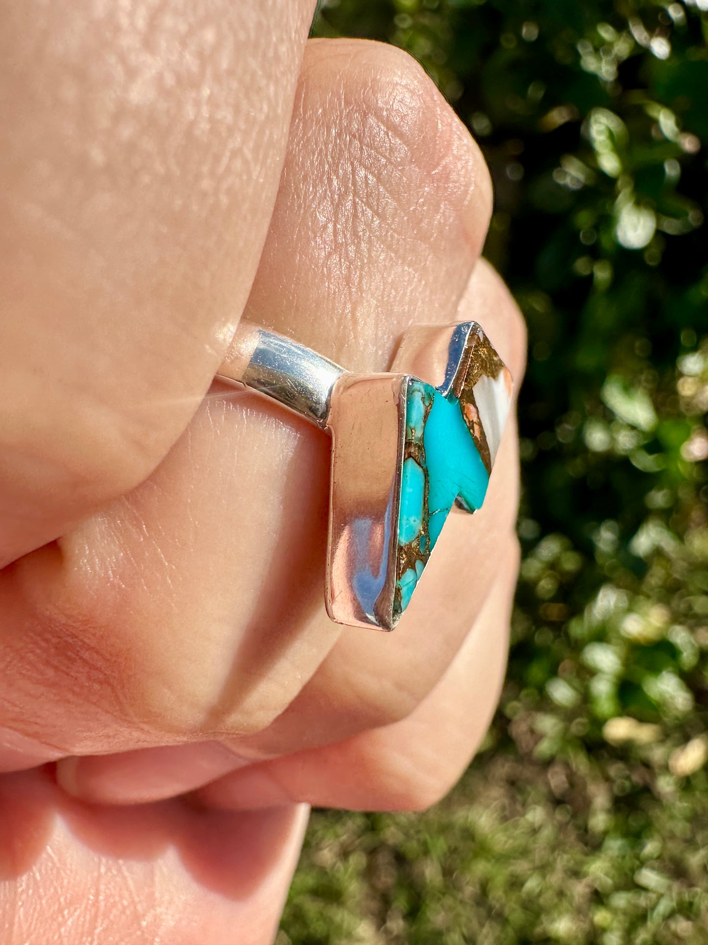 Spiny Oyster Turquoise Sterling Silver Lightning Bolt Ring, Unique Size 8 Statement Jewelry, Boho Southwestern Gift for Her