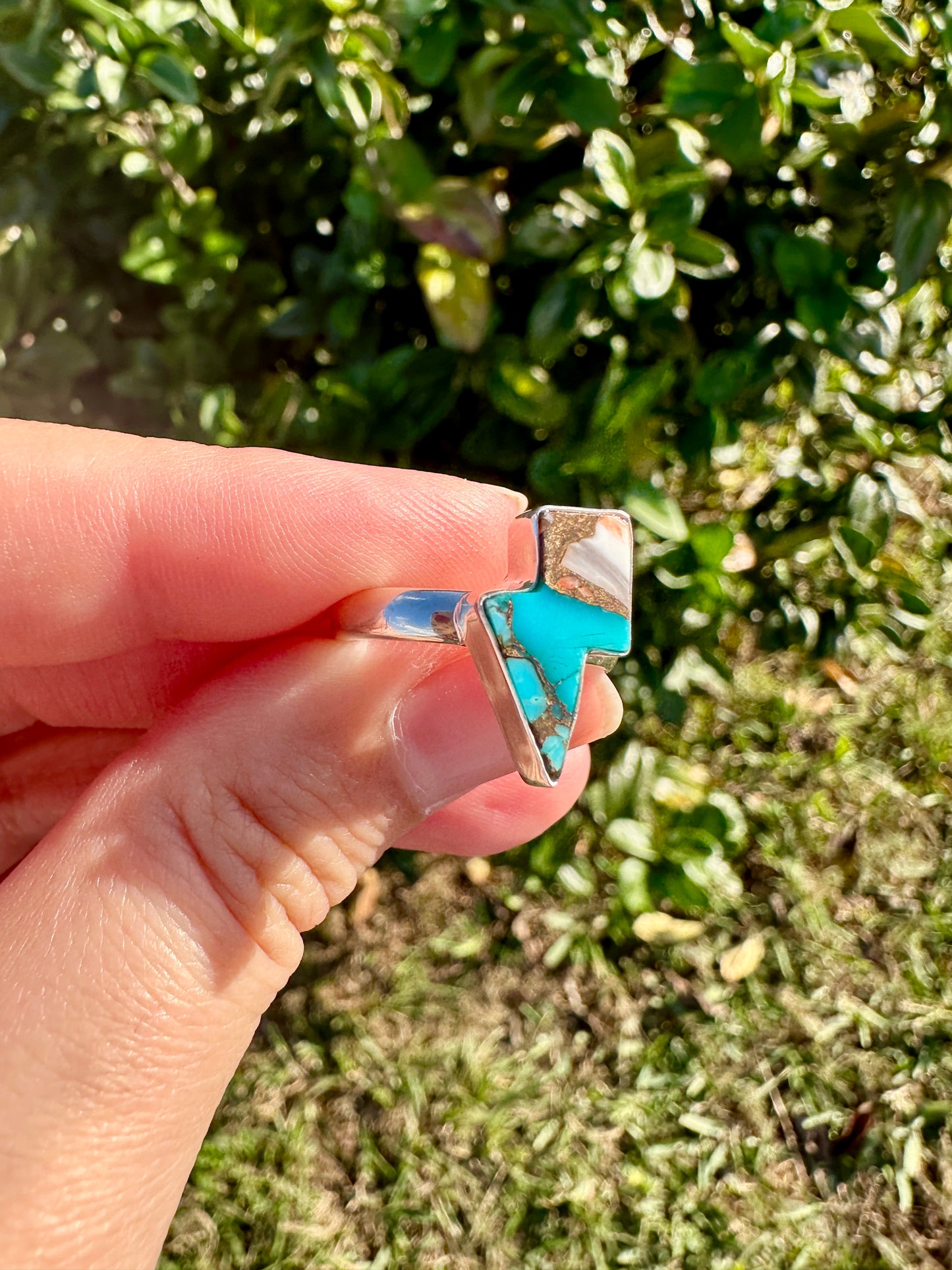 Spiny Oyster Turquoise Sterling Silver Lightning Bolt Ring, Unique Size 8 Statement Jewelry, Boho Southwestern Gift for Her