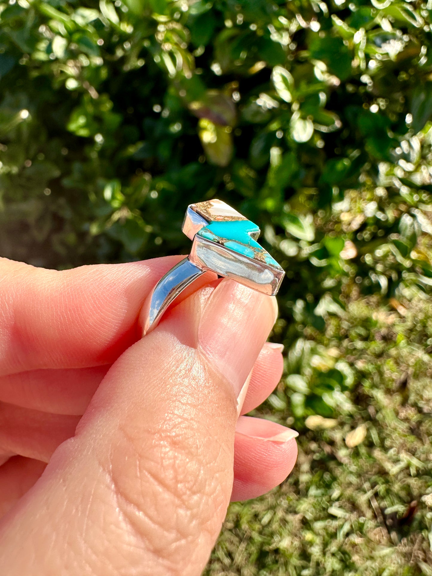 Spiny Oyster Turquoise Sterling Silver Lightning Bolt Ring, Unique Size 8 Statement Jewelry, Boho Southwestern Gift for Her