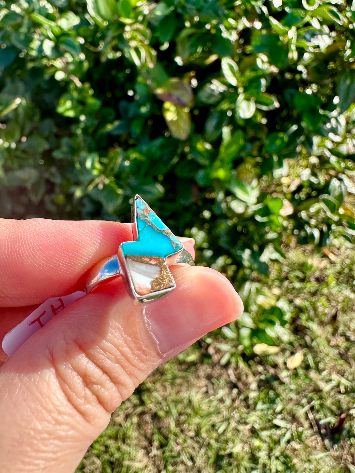 Spiny Oyster Turquoise Sterling Silver Lightning Bolt Ring, Unique Size 8 Statement Jewelry, Boho Southwestern Gift for Her