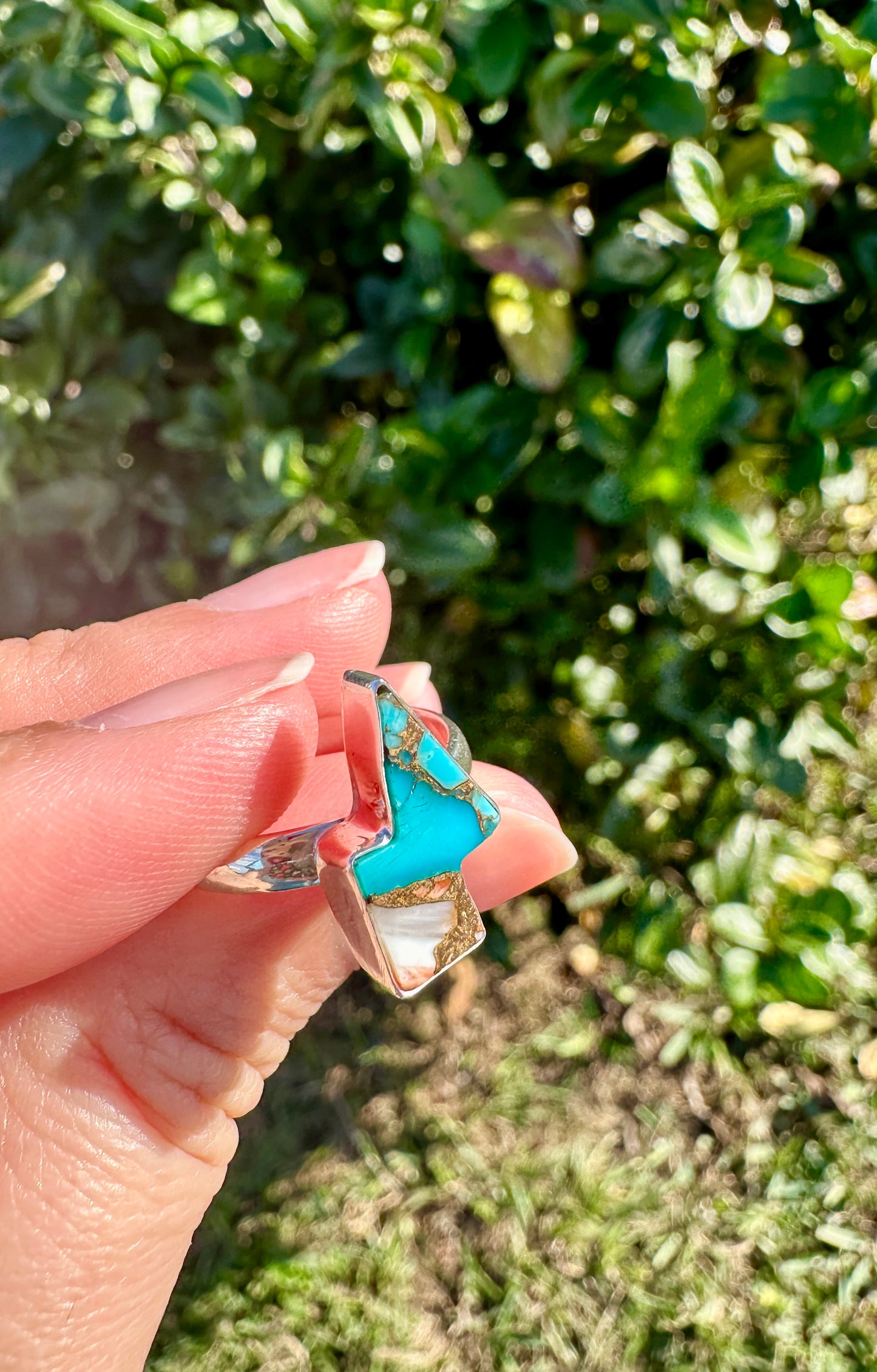 Spiny Oyster Turquoise Sterling Silver Lightning Bolt Ring, Unique Size 8 Statement Jewelry, Boho Southwestern Gift for Her