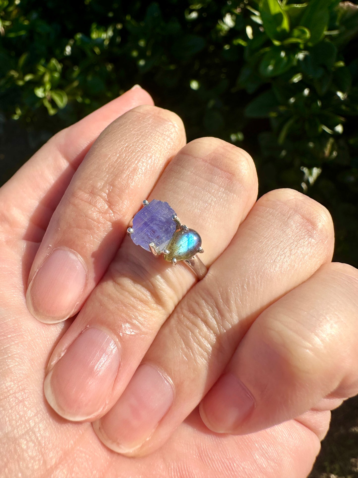 Labradorite and Tanzanite Sterling Silver Ring, Unique Size 7 Gemstone Jewelry, Elegant Boho Statement Gift for Her