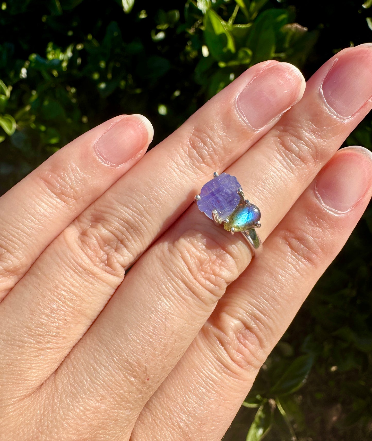 Labradorite and Tanzanite Sterling Silver Ring, Unique Size 7 Gemstone Jewelry, Elegant Boho Statement Gift for Her