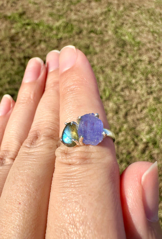 Labradorite and Tanzanite Sterling Silver Ring, Unique Size 7 Gemstone Jewelry, Elegant Boho Statement Gift for Her