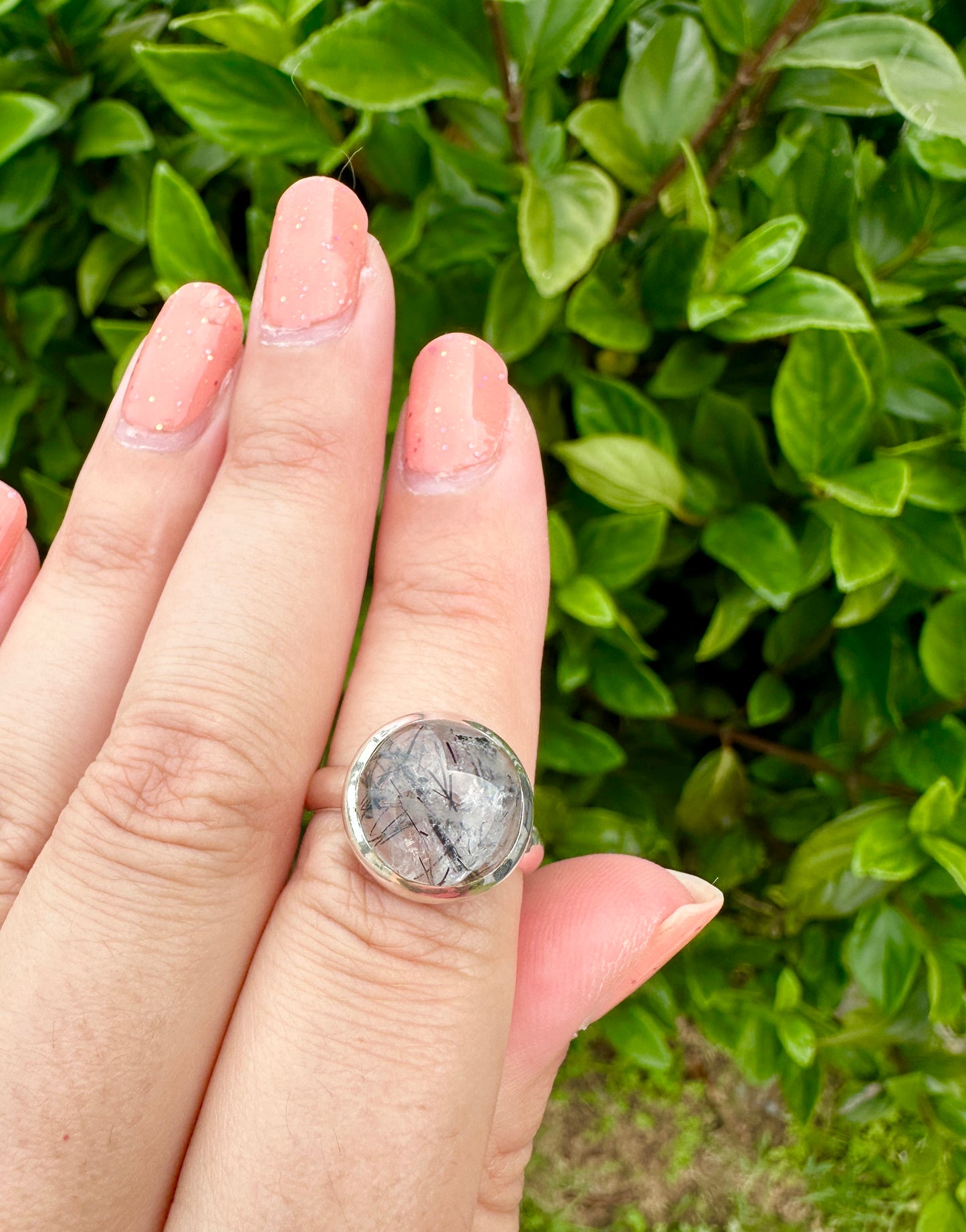 Striking Black Tourmaline in Quartz Ring, Sterling Silver Size 7 - Protective Stone, Elegant and Modern Jewelry, Unique Design