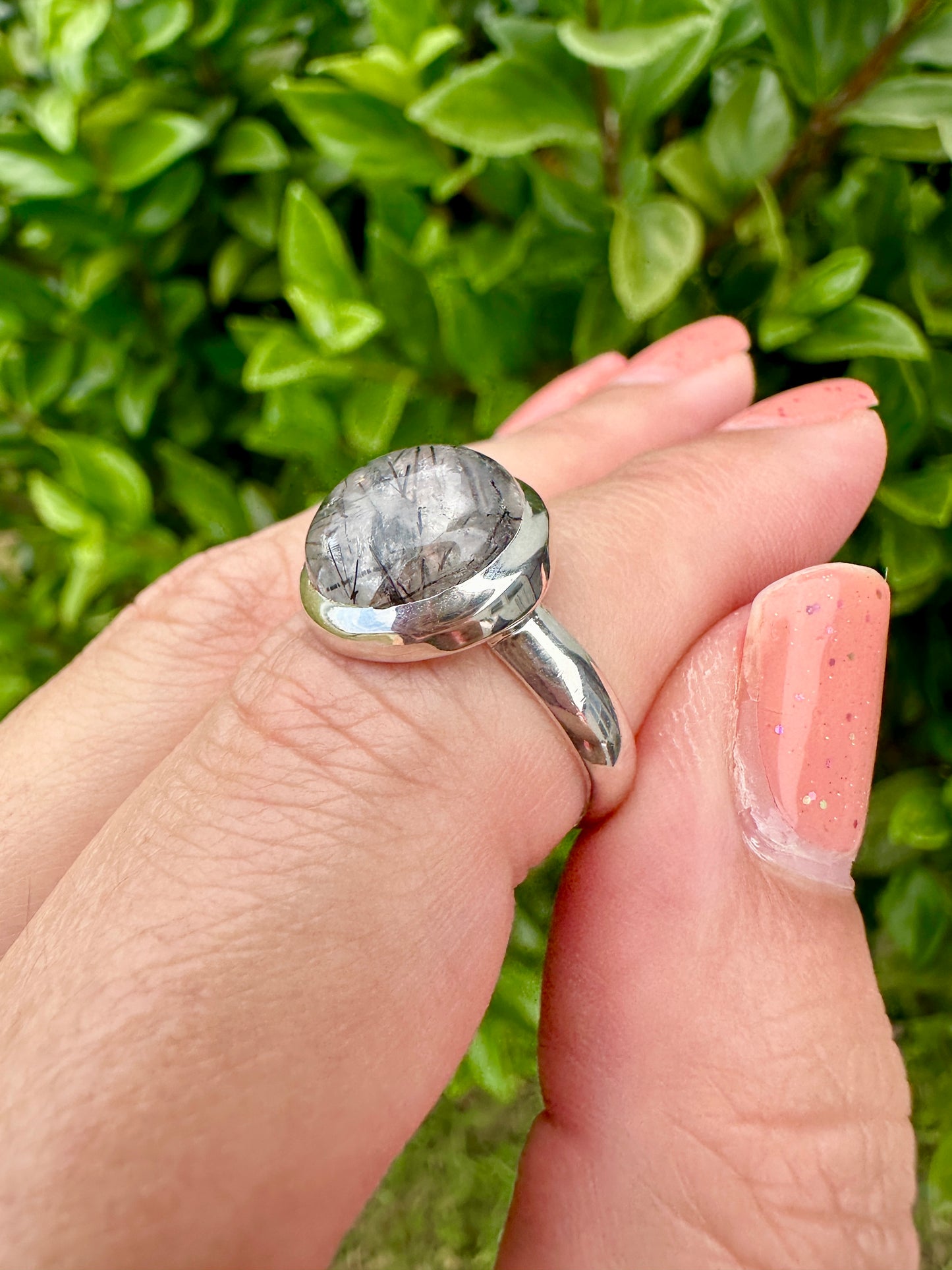 Striking Black Tourmaline in Quartz Ring, Sterling Silver Size 7 - Protective Stone, Elegant and Modern Jewelry, Unique Design