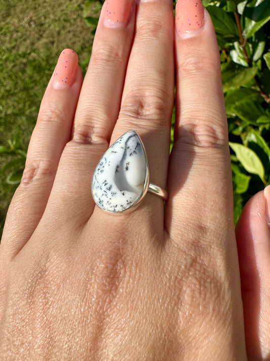 Dendritic Opal Ring, Size 9.25 - Elegant Sterling Silver Band, Unique Black and White Gemstone, Perfect Gift for Her, Artisan Jewelry