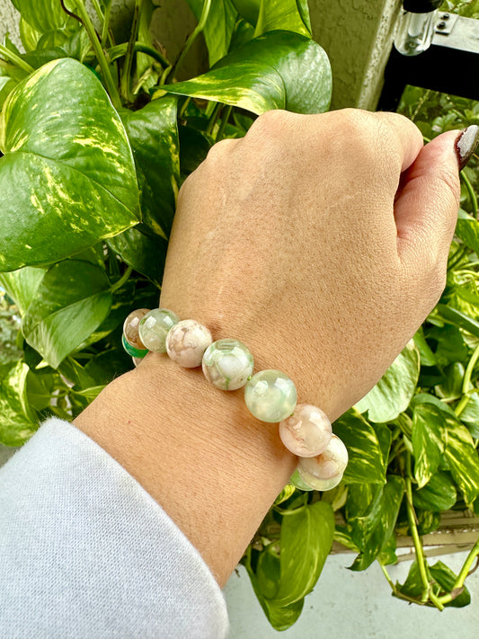 Green Flower Agate Bracelet 13mm: Blossom into Serenity & Self-Growth, Embrace Nature’s Beauty and Healing Energy