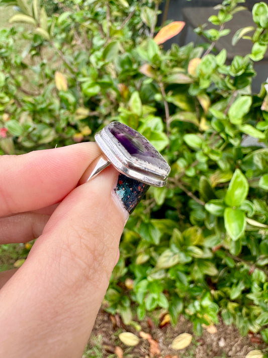 Atomic Trapiche Amethyst Sterling Silver Ring, Size 9 Statement Jewelry, Unique Gemstone Boho Chic Gift for Her