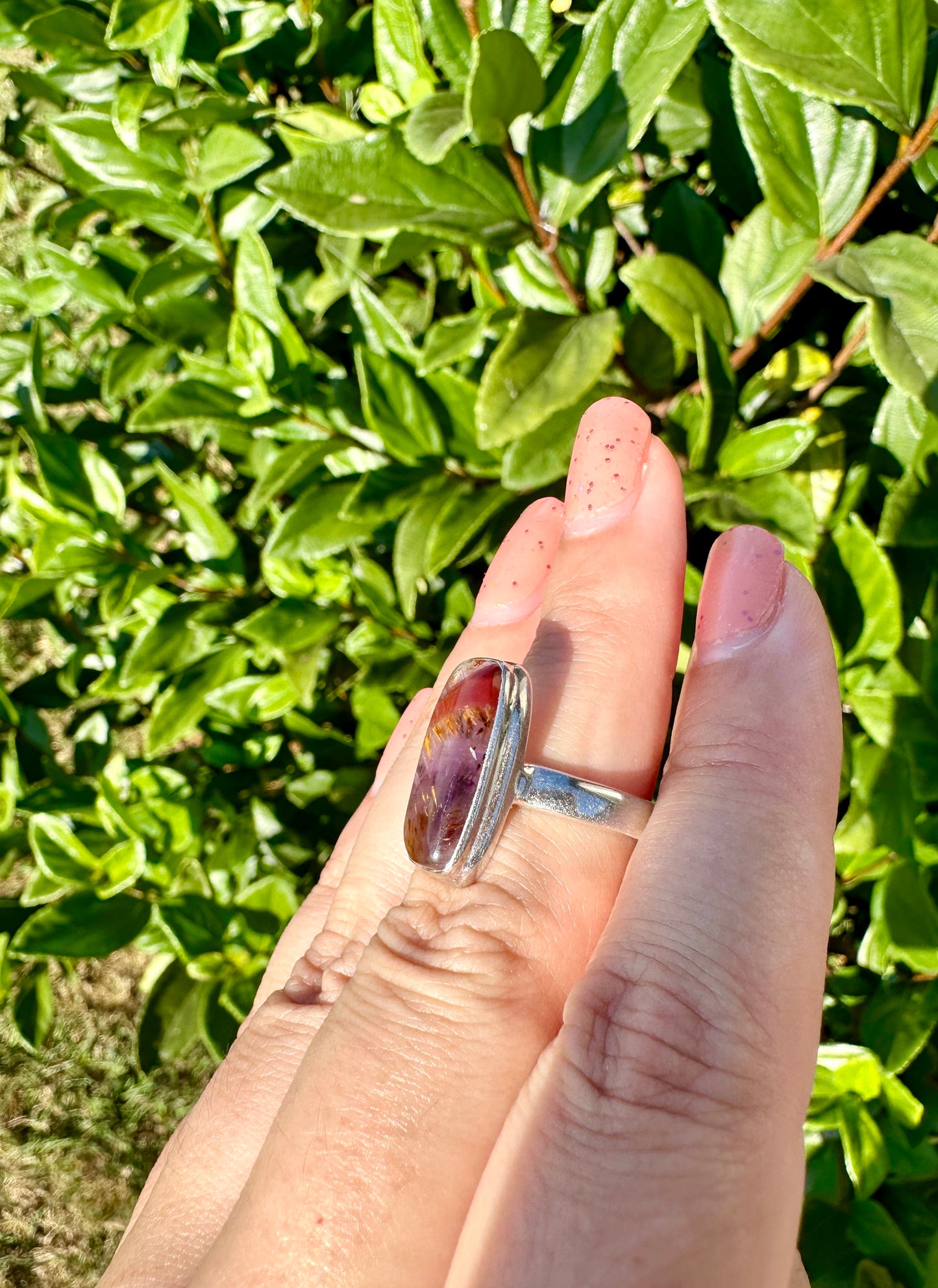 Divine Handcrafted Gemstone Sterling Silver Cacoxenite Ring - Size 7.5: Rare Crystal Embellishment, Enhances Spiritual Connection, Elegant Jewelry Design