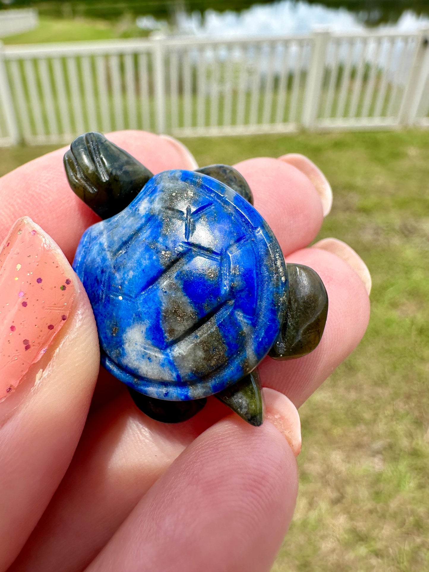 Lapis Lazuli and Green Jade Turtle Carving - Exquisite Handcrafted Stone Turtle, Vibrant Blue and Green Decorative Piece, Unique Gift Idea
