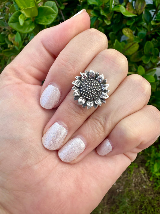 Sterling Silver Sunflower Ring, Boho Sunflower Jewelry for Women, Dainty Flower Ring Size 9, Nature-Inspired Gift for Her