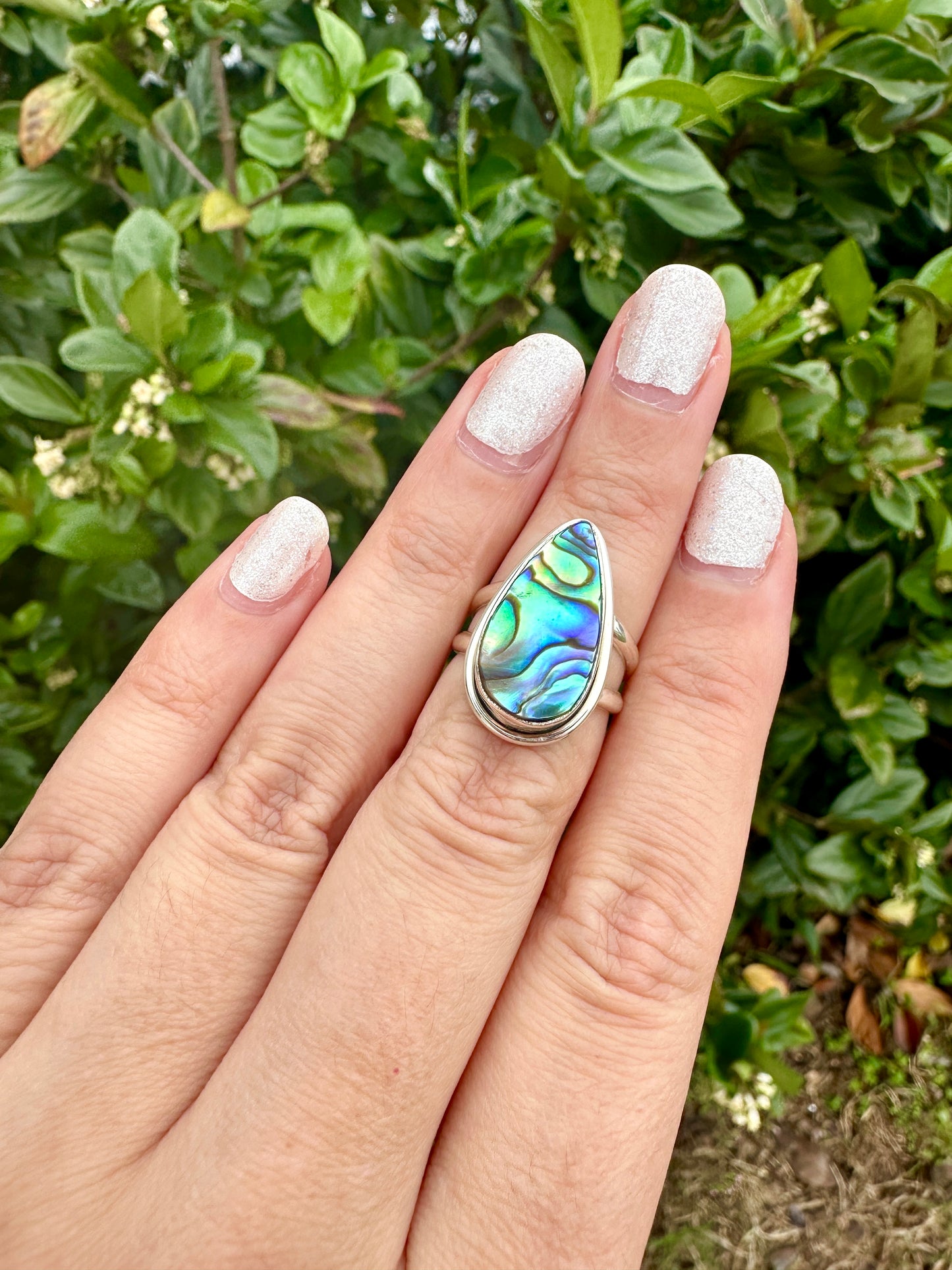 Paua Shell Sterling Silver Ring, Iridescent Abalone Ring for Women, Boho Shell Jewelry Size 6.25, Nature-Inspired Gift for Her