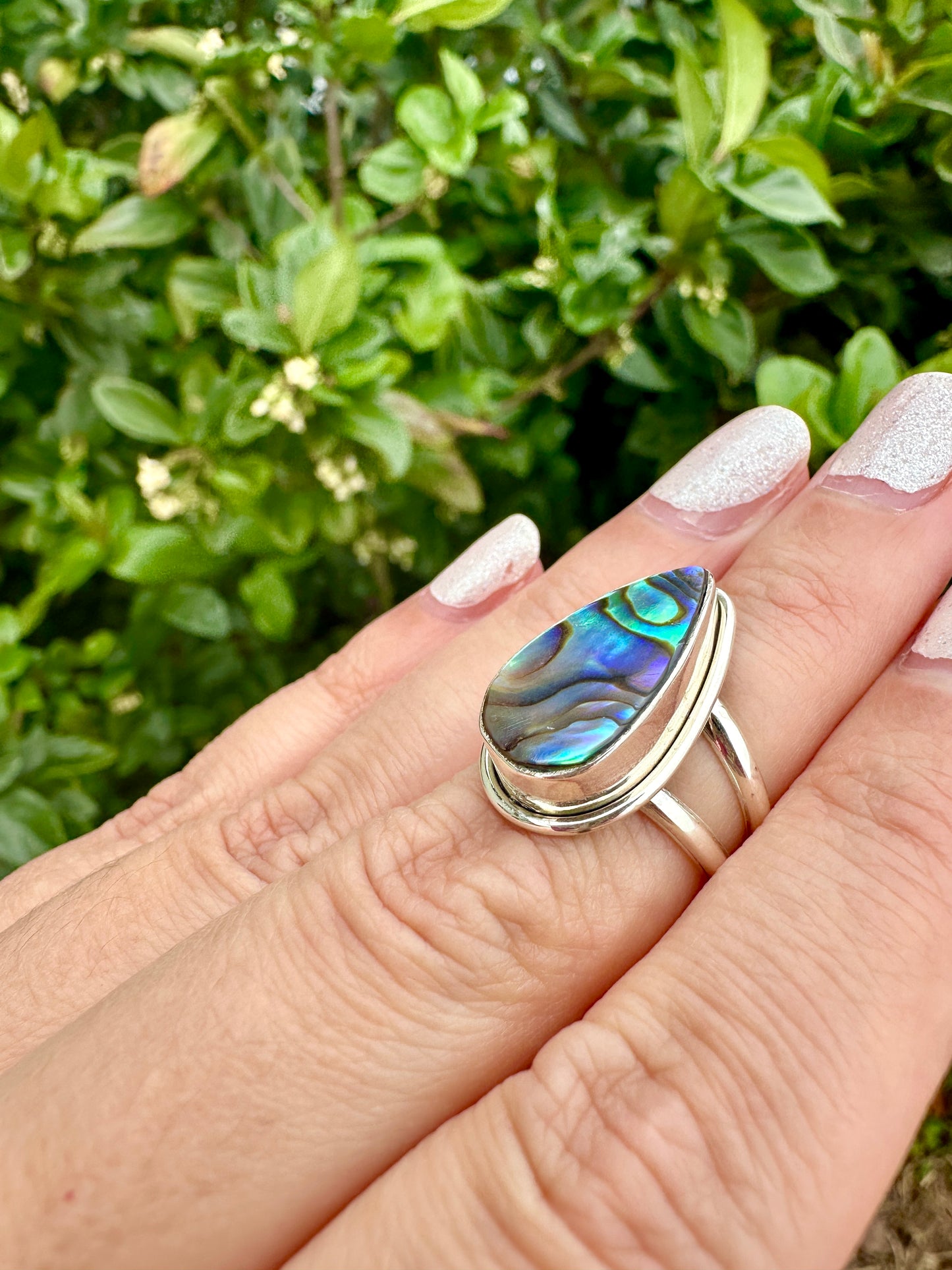 Paua Shell Sterling Silver Ring, Iridescent Abalone Ring for Women, Boho Shell Jewelry Size 6.25, Nature-Inspired Gift for Her