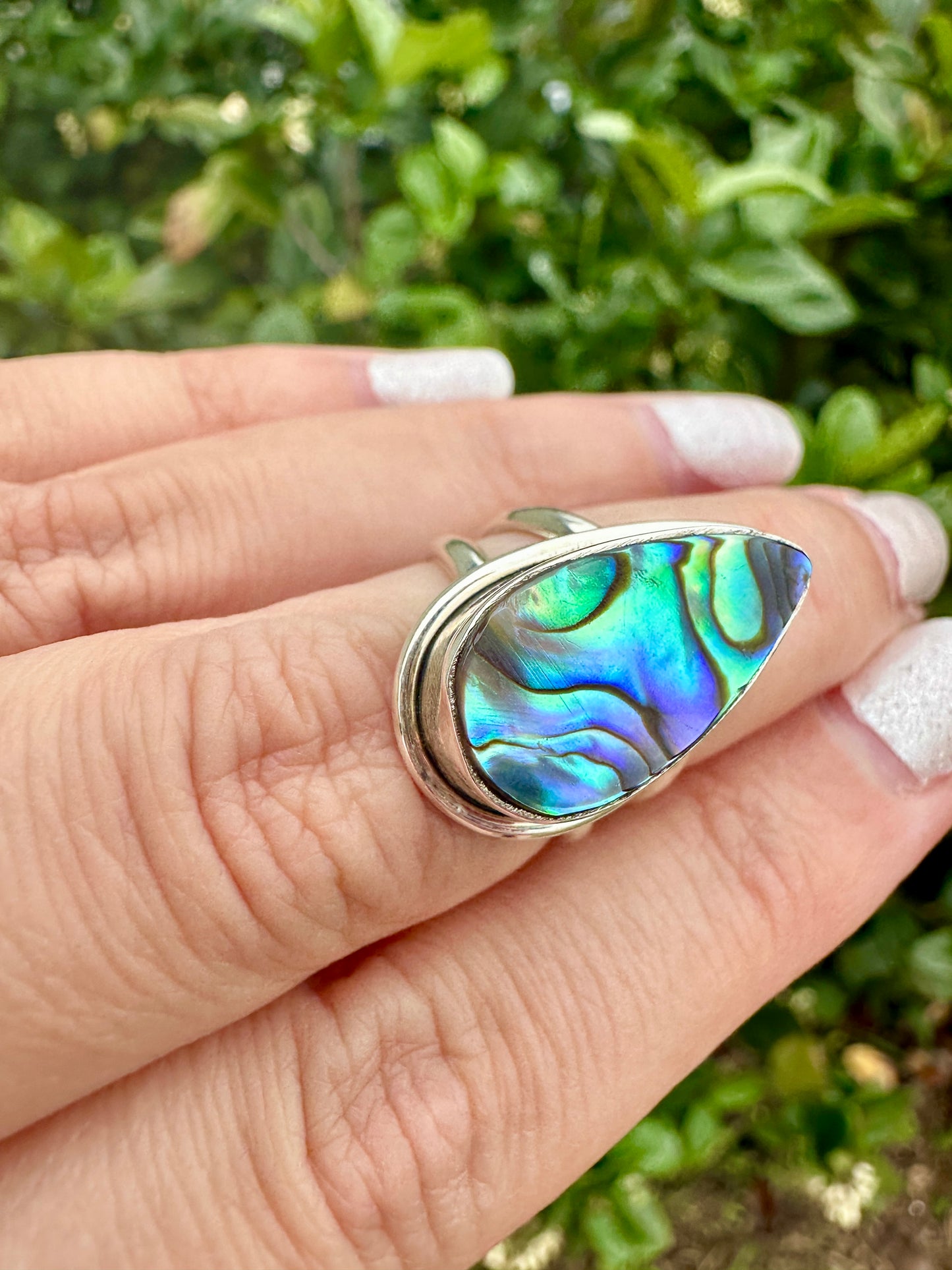 Paua Shell Sterling Silver Ring, Iridescent Abalone Ring for Women, Boho Shell Jewelry Size 6.25, Nature-Inspired Gift for Her