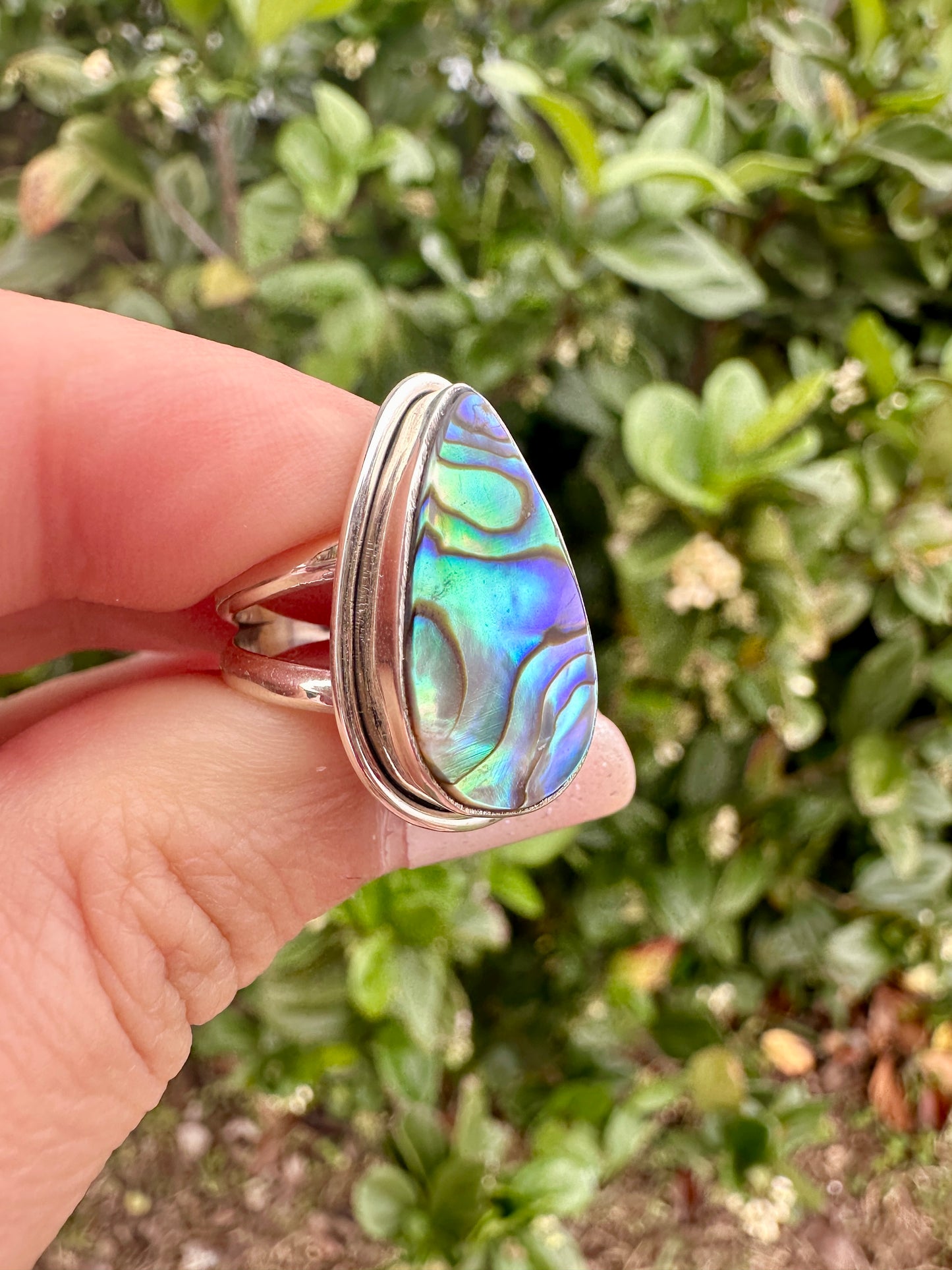 Paua Shell Sterling Silver Ring, Iridescent Abalone Ring for Women, Boho Shell Jewelry Size 6.25, Nature-Inspired Gift for Her